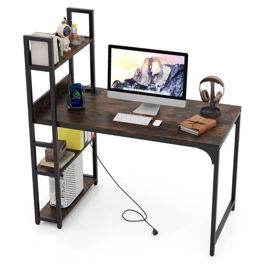 LIVSK Computerbureau met Geïntegreerde Stekkerdoos - Met Boekenkast - Stabiel Metalen Frame - Voor Thuiswerk - 120 x 65 x 130 cm