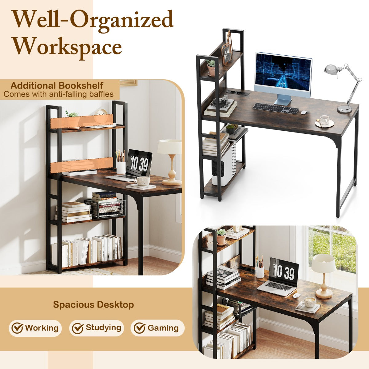 LIVSK Computerbureau met Geïntegreerde Stekkerdoos - Met Boekenkast - Stabiel Metalen Frame - Voor Thuiswerk - 120 x 65 x 130 cm