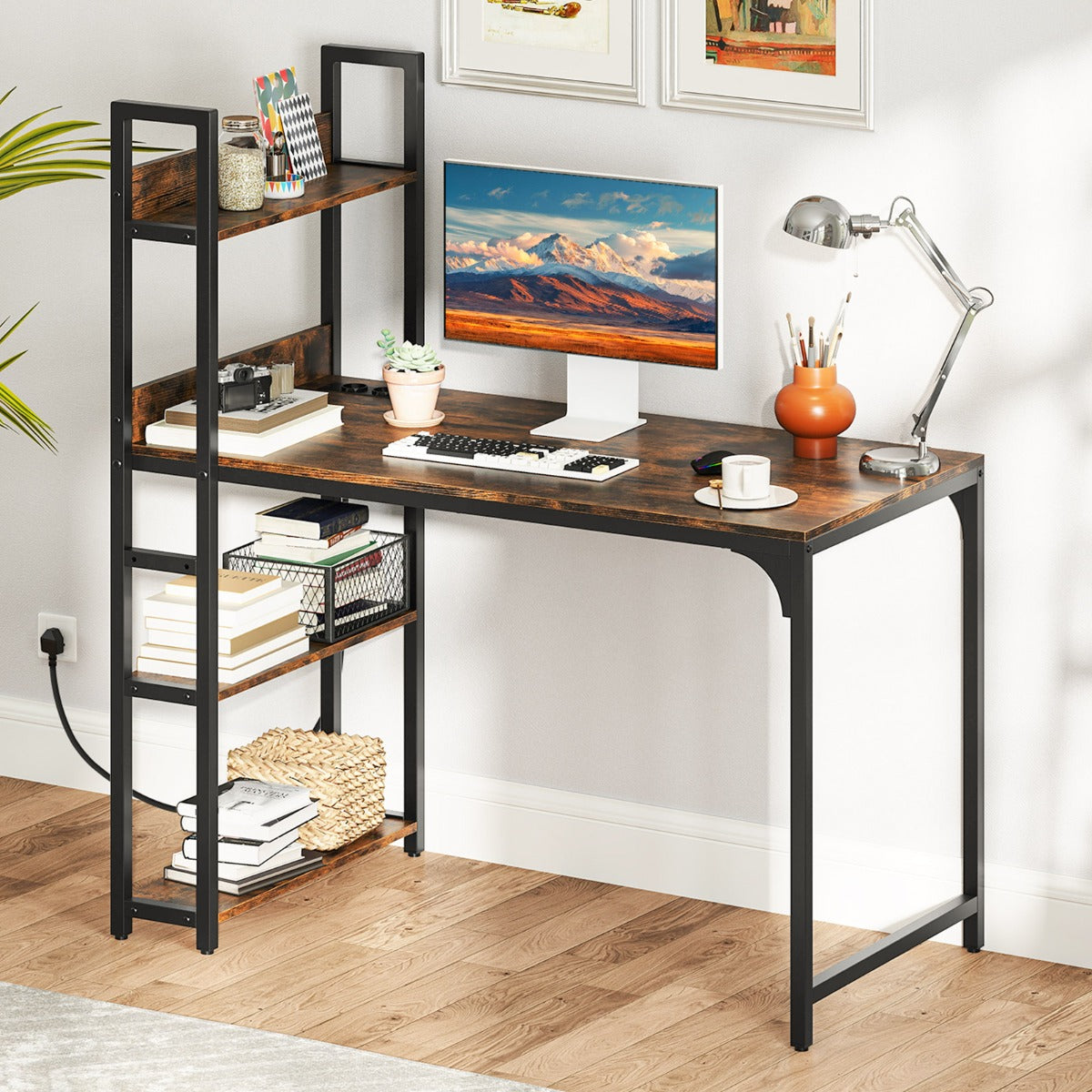 LIVSK Computerbureau met Geïntegreerde Stekkerdoos - Met Boekenkast - Stabiel Metalen Frame - Voor Thuiswerk - 120 x 65 x 130 cm