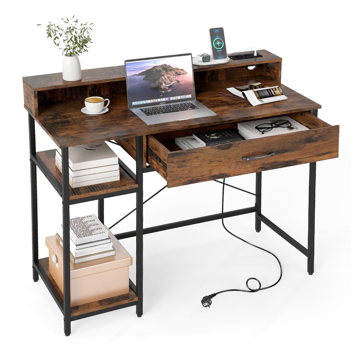 Livsk costway computerbureau met stopcontacten bureau met extra lade en twee open planken bruin