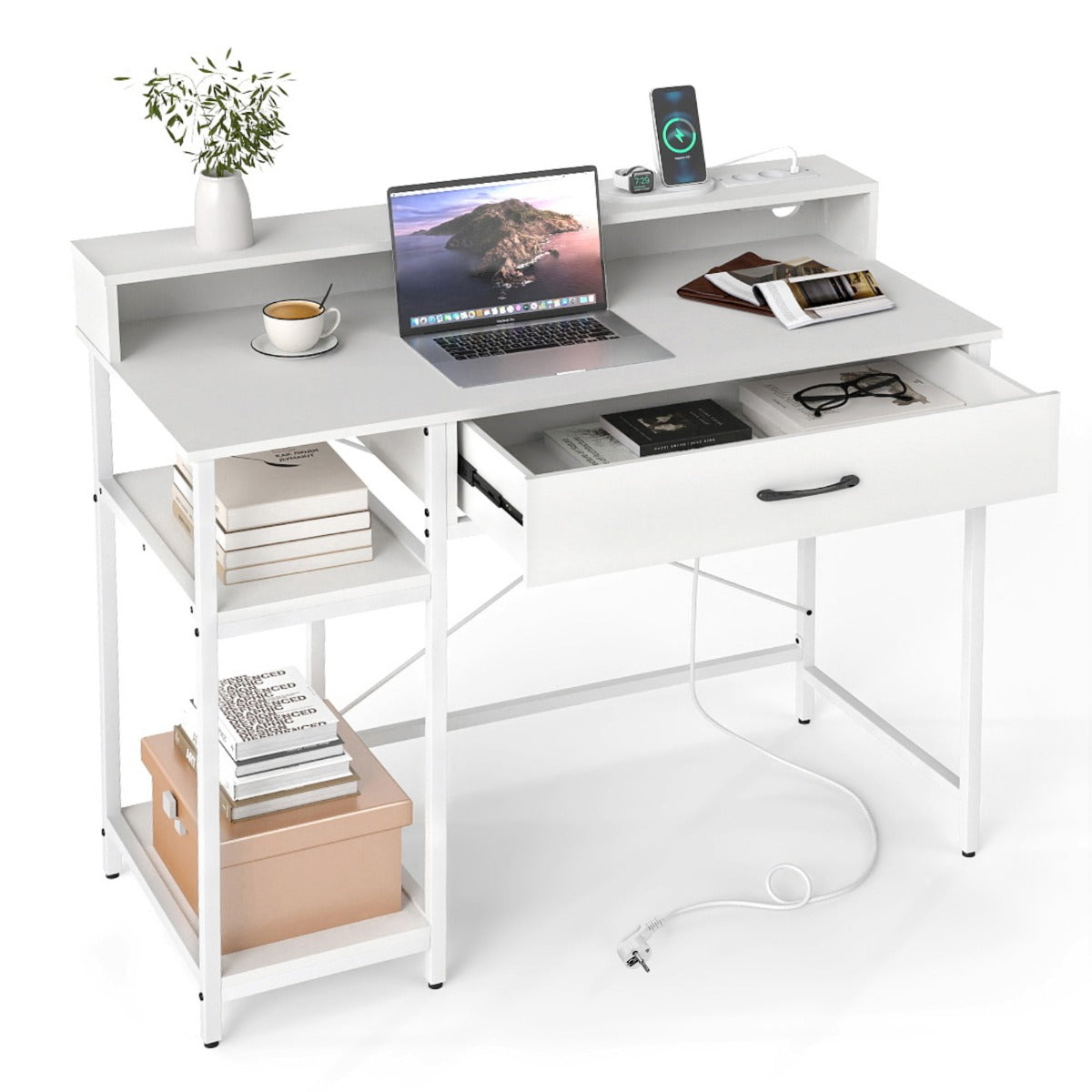 Livsk costway computerbureau met stopcontacten bureau met extra lade en twee open planken wit