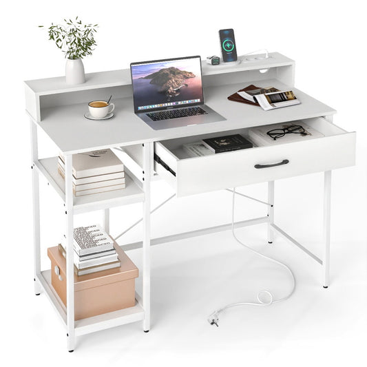 Livsk costway computerbureau met stopcontacten bureau met extra lade en twee open planken wit
