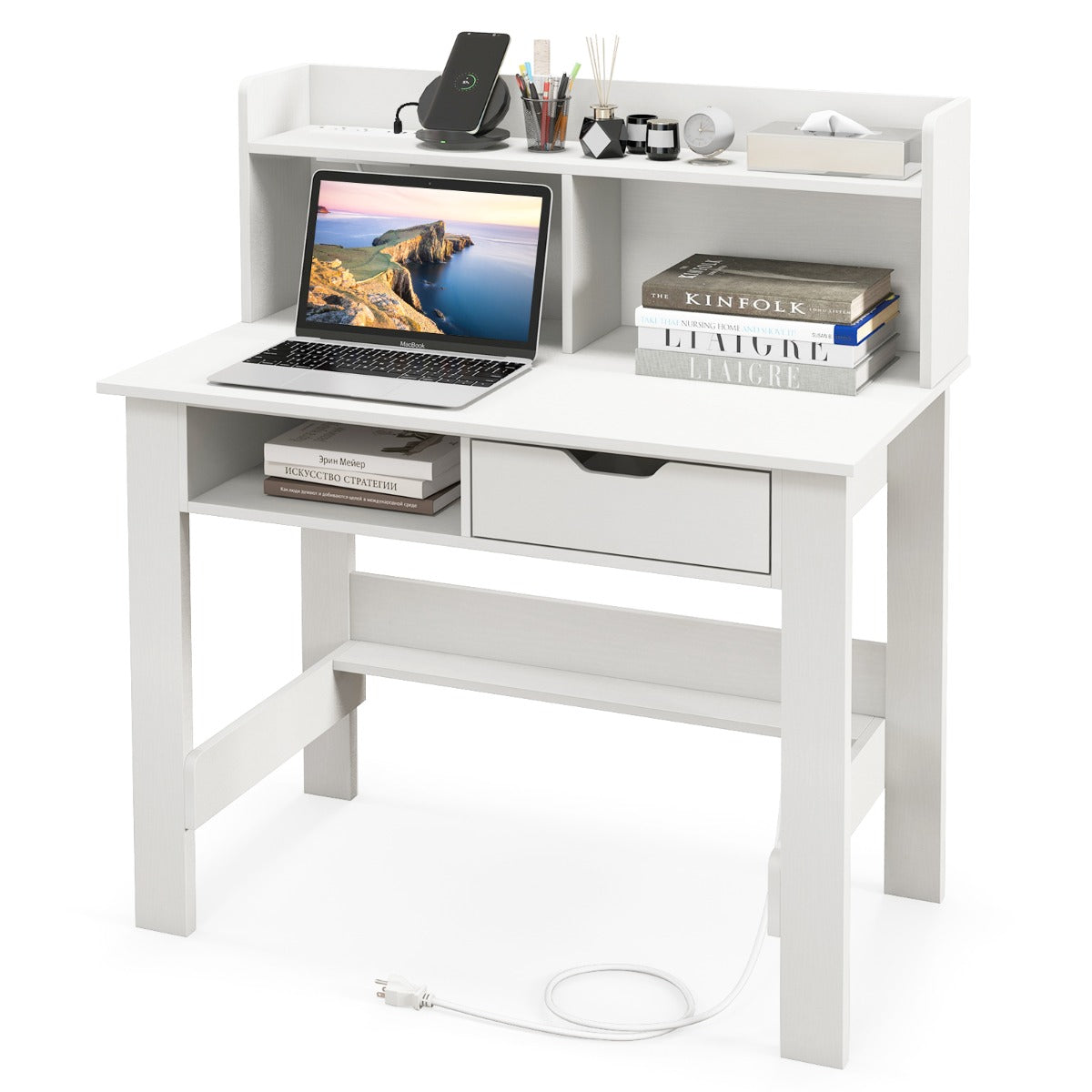 LIVSK Computerbureau met Oplaadstation - 2 Stopcontacten - USB & Type-C Poorten - Grote Lade - 56 x 95 x 109,5 cm - Wit