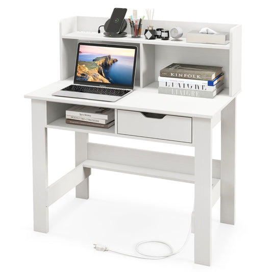 LIVSK Computerbureau met Oplaadstation - 2 Stopcontacten - USB & Type-C Poorten - Grote Lade - 56 x 95 x 109,5 cm - Wit