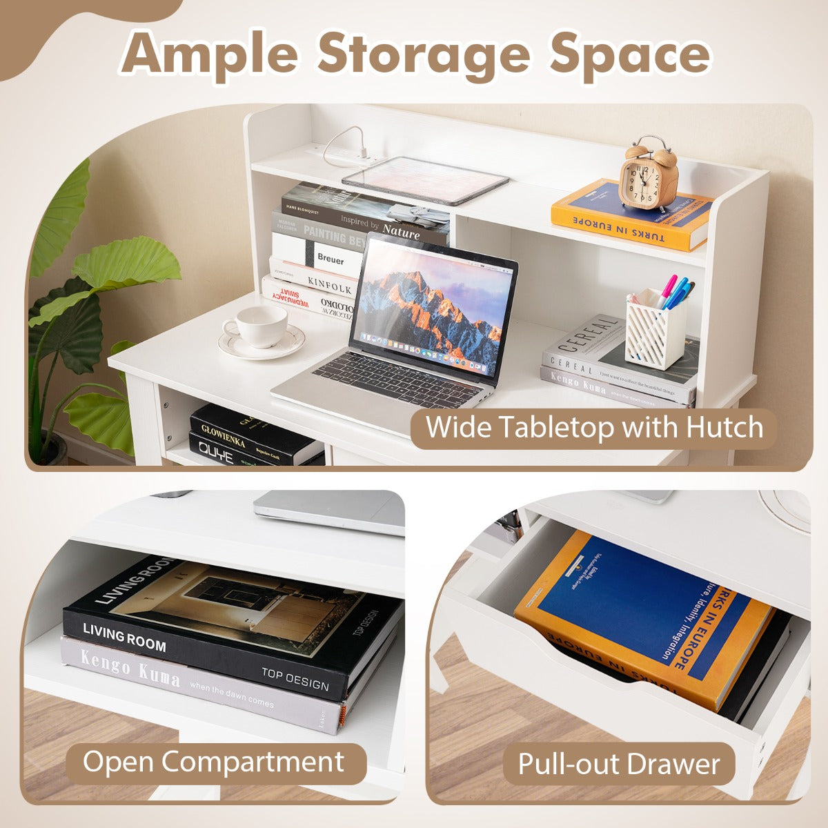 LIVSK Computerbureau met Oplaadstation - 2 Stopcontacten - USB & Type-C Poorten - Grote Lade - 56 x 95 x 109,5 cm - Wit