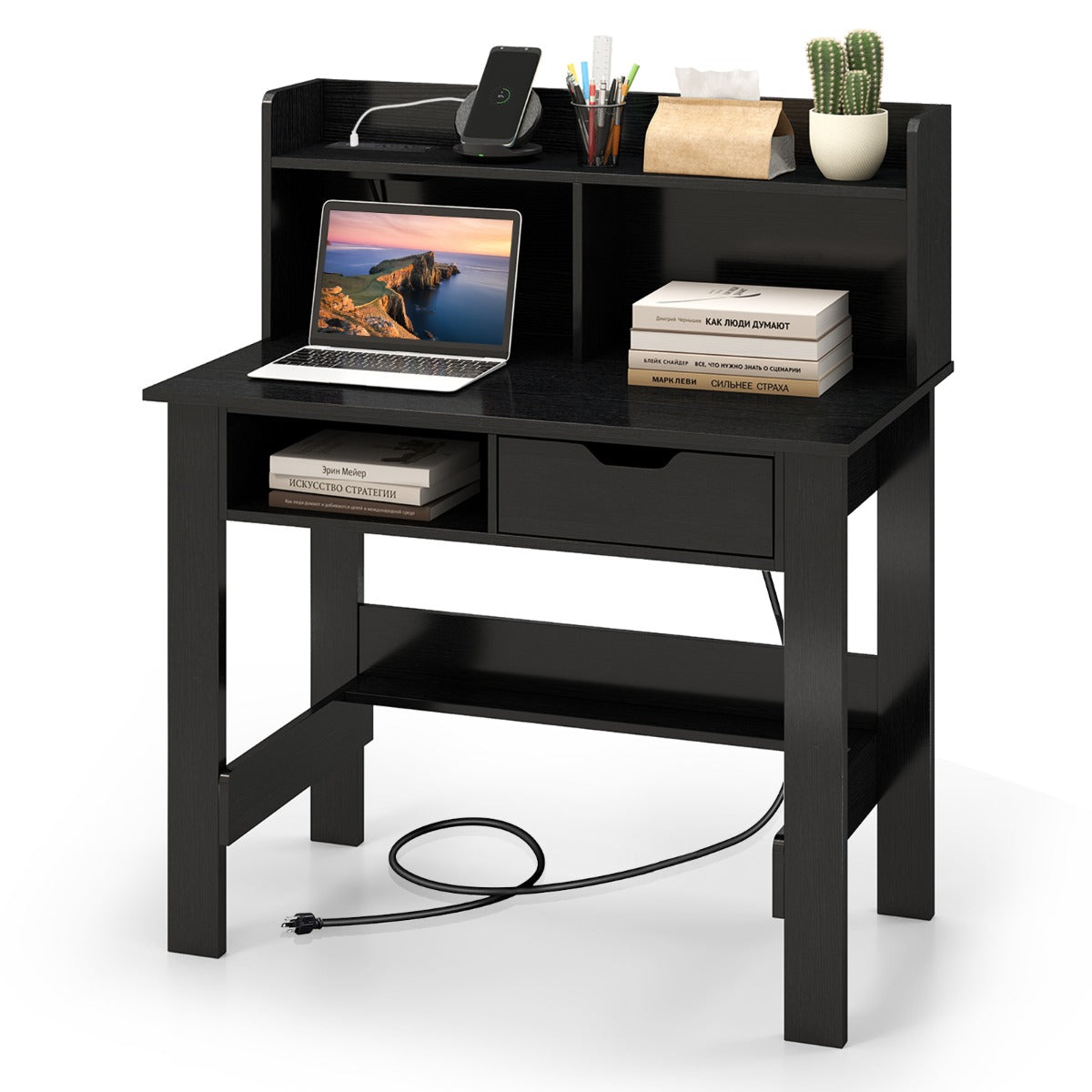 LIVSK Computerbureau met Oplaadstation - 2 Stopcontacten - USB & Type-C Poorten - Grote Lade - Wit/Zwart
