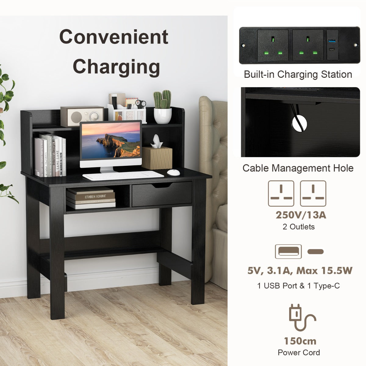 LIVSK Computerbureau met Oplaadstation - 2 Stopcontacten - USB & Type-C Poorten - Grote Lade - Wit/Zwart