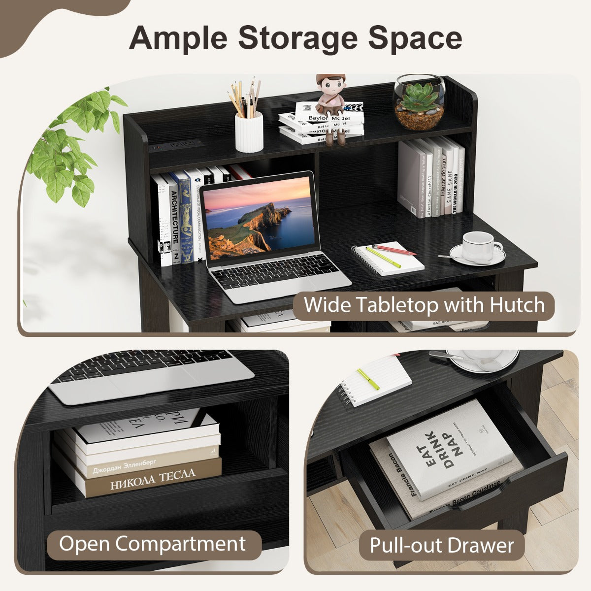 LIVSK Computerbureau met Oplaadstation - 2 Stopcontacten - USB & Type-C Poorten - Grote Lade - Wit/Zwart