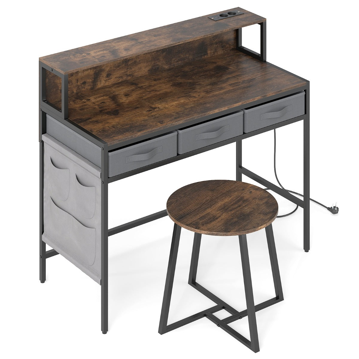 Livsk costway computerbureau met stopcontacten kaptafel en kruk met monitorstandaard linnenkasten bruin 1 1