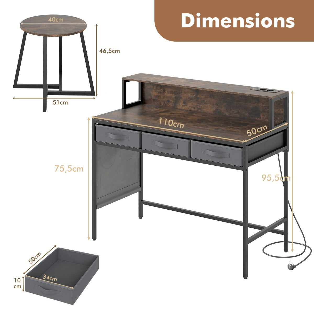 Livsk costway computerbureau met stopcontacten kaptafel en kruk met monitorstandaard linnenkasten bruin 2