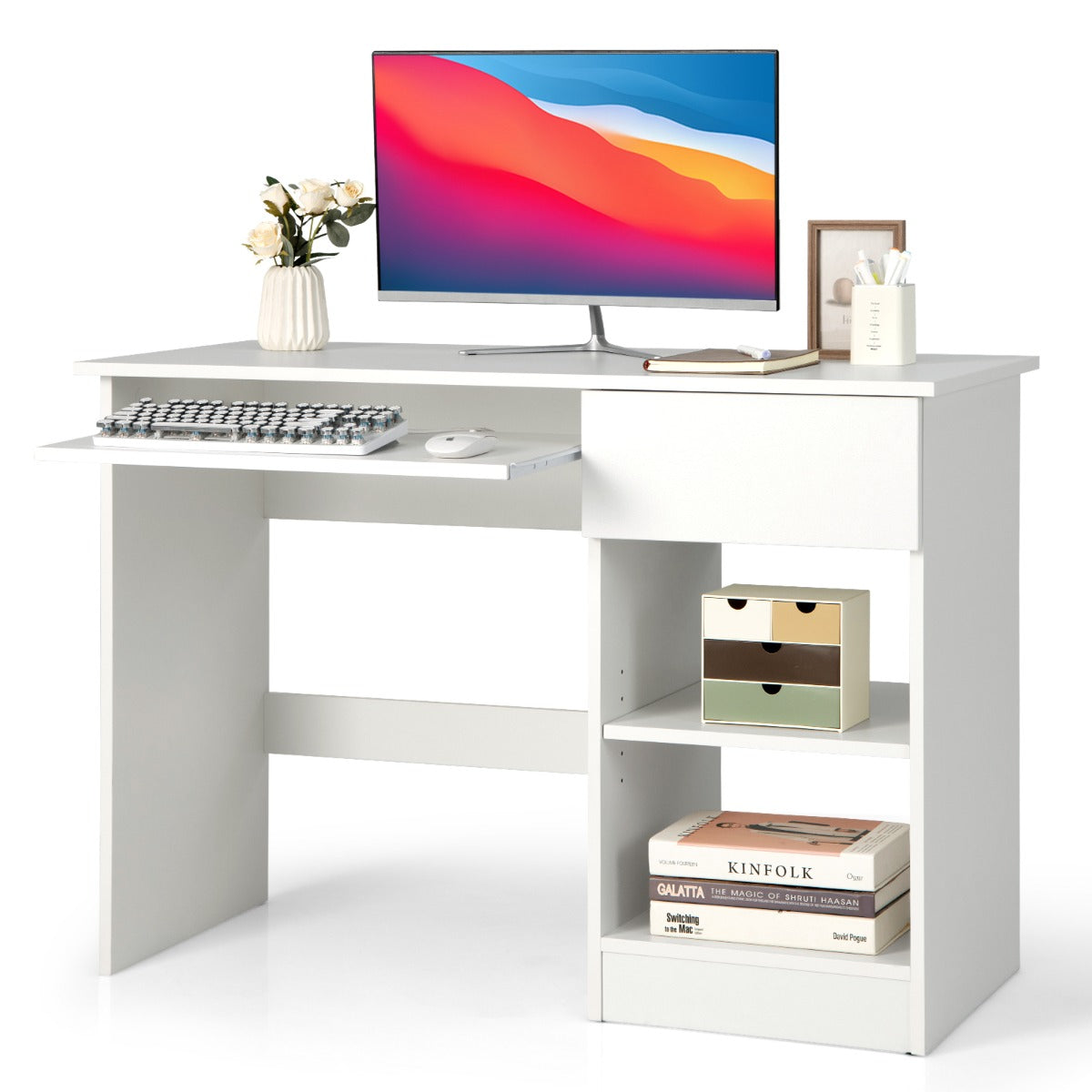LIVSK Multifunctioneel Bureau met Toetsenbordlade - Verstelbare Plank en Opberglade - Tot 95 kg - Wit