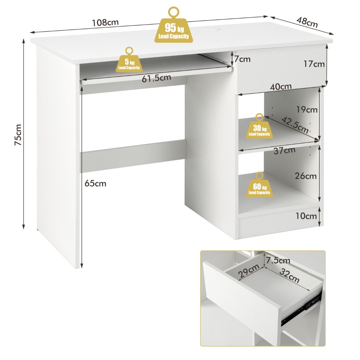 LIVSK Multifunctioneel Bureau met Toetsenbordlade - Verstelbare Plank en Opberglade - Tot 95 kg - Wit