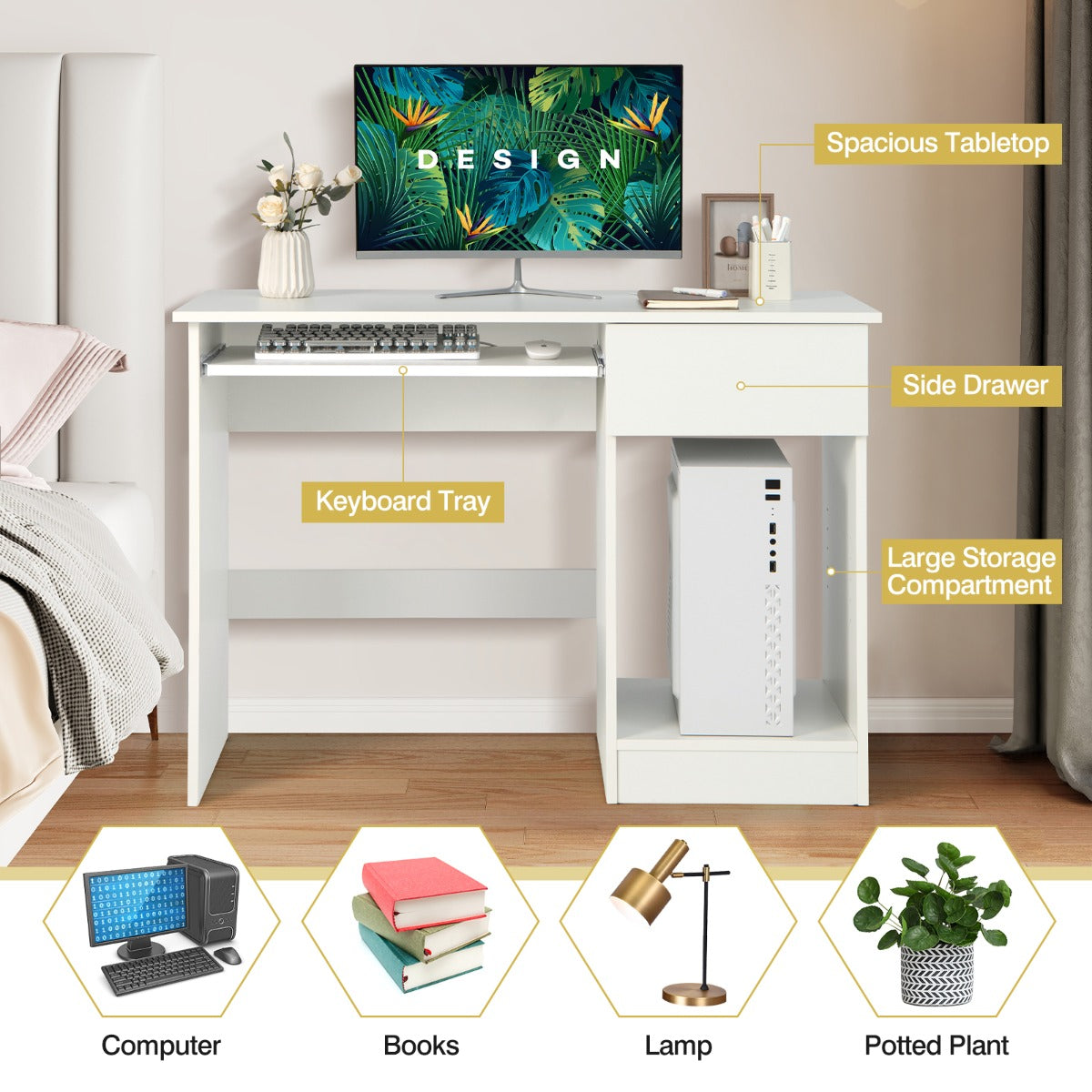 LIVSK Multifunctioneel Bureau met Toetsenbordlade - Verstelbare Plank en Opberglade - Tot 95 kg - Wit