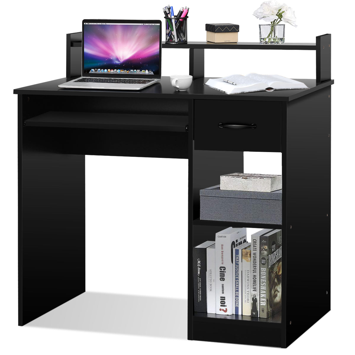 LIVSK Computerbureau met Opberglade - Compact en Stabiel - Uitschuifbare Toetsenbordlade - Extra Planken - 90 x 48 x 91,5 cm -