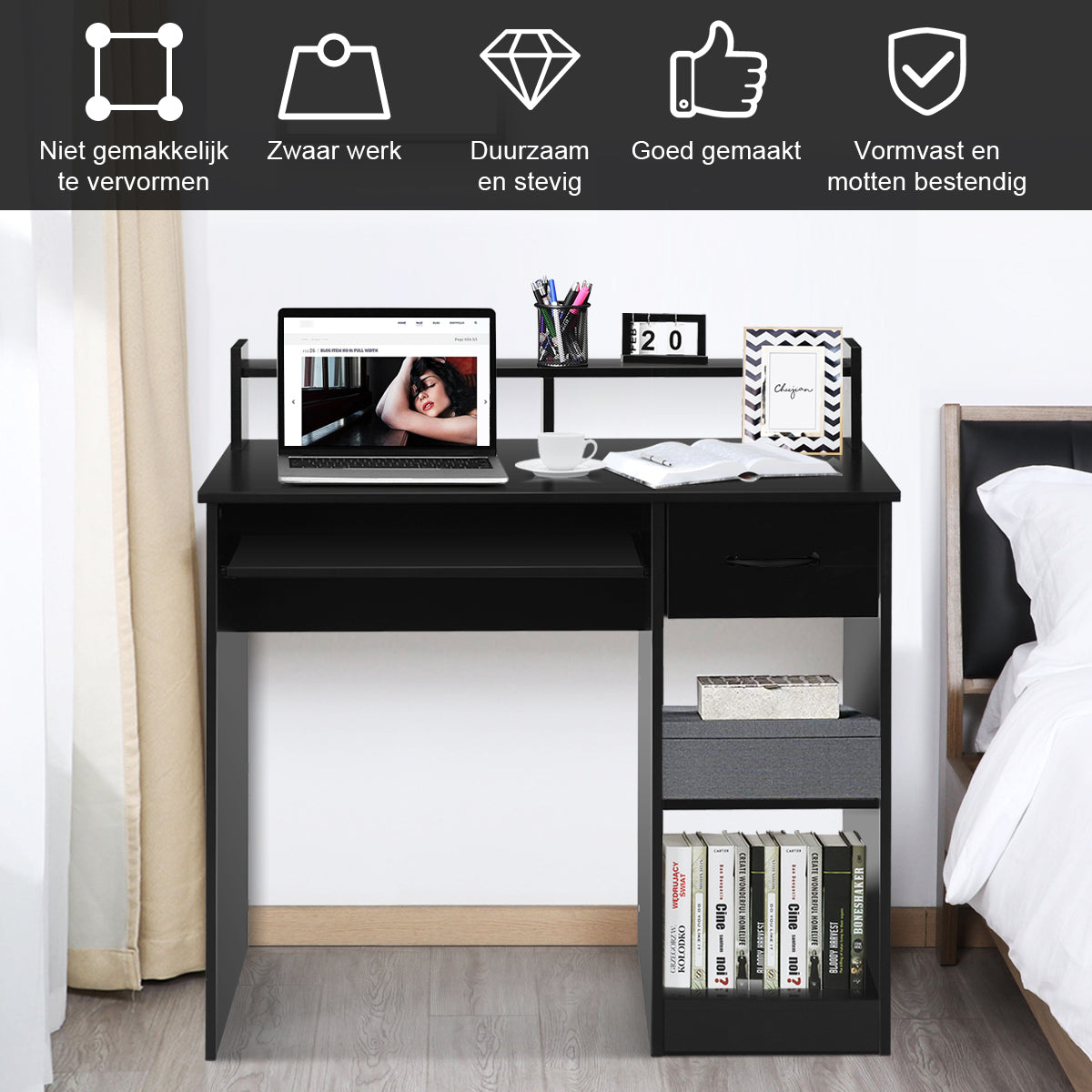 LIVSK Computerbureau met Opberglade - Compact en Stabiel - Uitschuifbare Toetsenbordlade - Extra Planken - 90 x 48 x 91,5 cm -