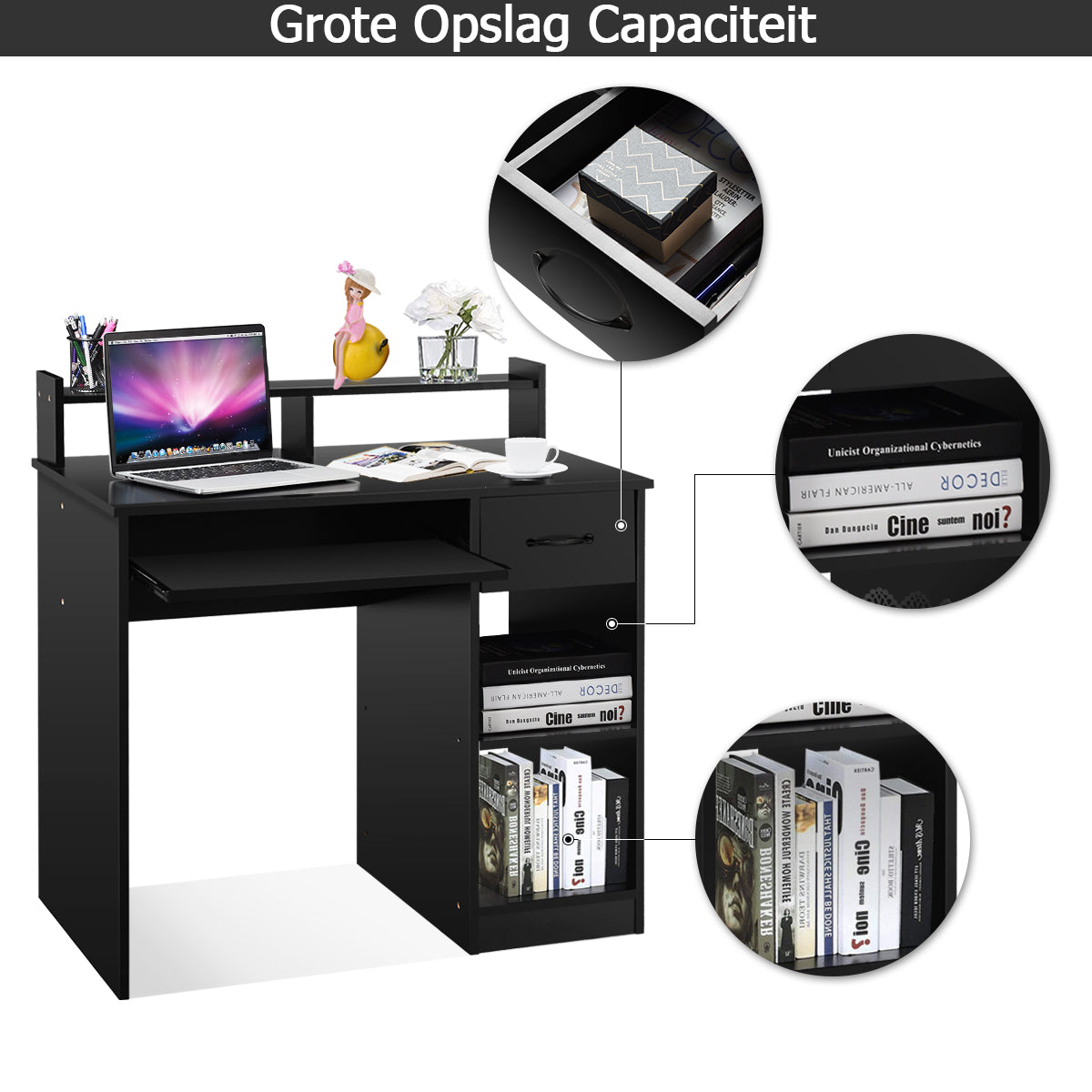 LIVSK Computerbureau met Opberglade - Compact en Stabiel - Uitschuifbare Toetsenbordlade - Extra Planken - 90 x 48 x 91,5 cm -