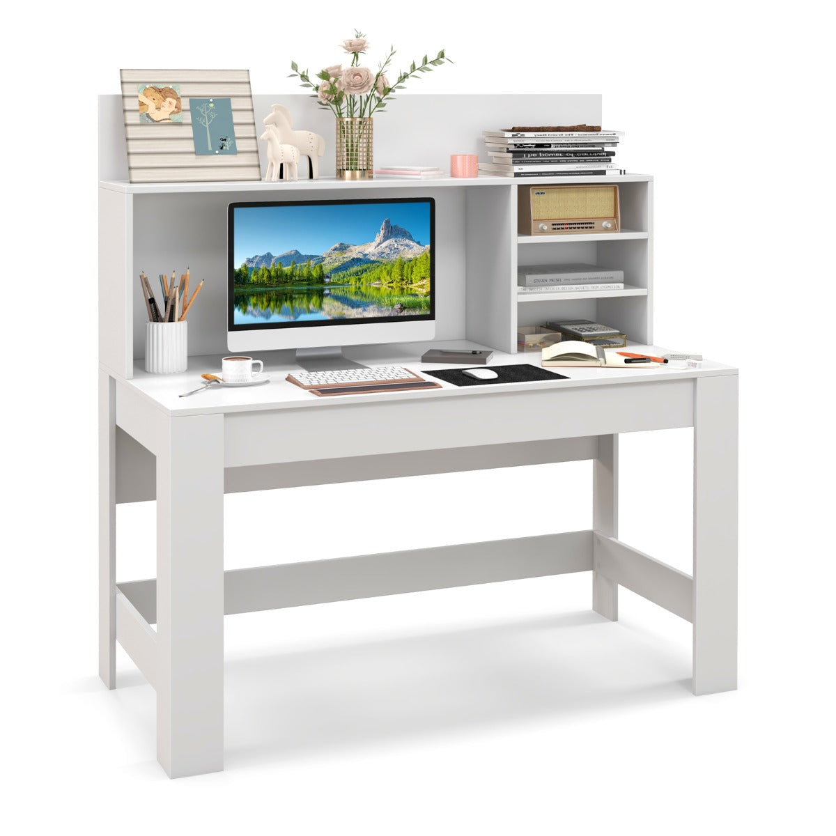 LIVSK Computerbureau met Kabelbeheer - Ruim Werkblad - Open Plank - Stevige Constructie - Tot 25 kg - Wit