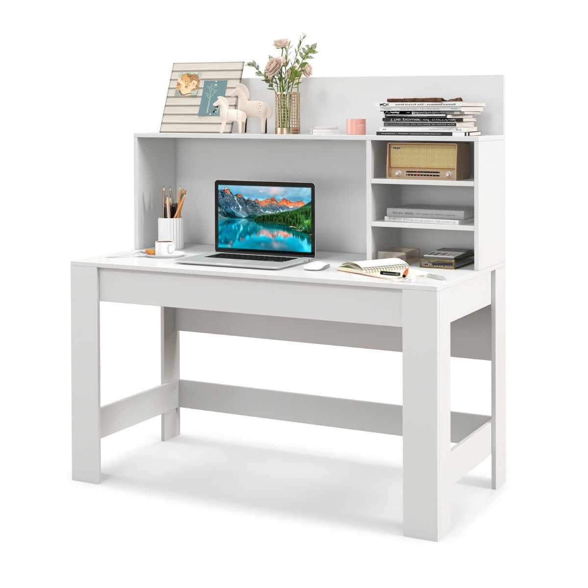 LIVSK Computerbureau met Kabelbeheer - Ruim Werkblad - Open Plank - Stevige Constructie - Tot 25 kg - Wit