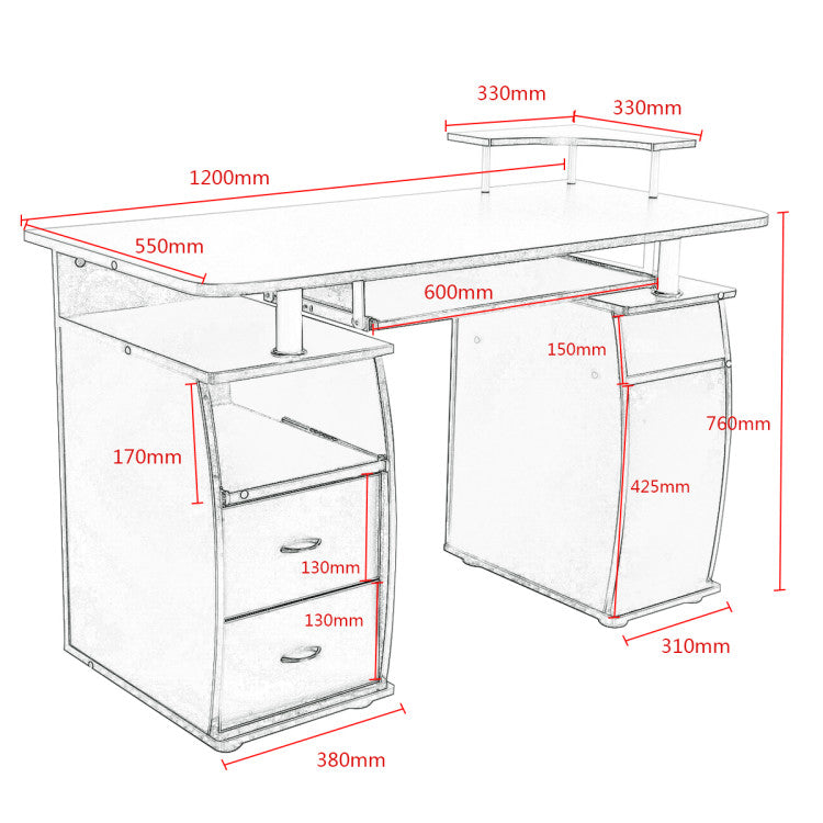 LIVSK Computertafel met Toetsenbordlade en Printerplank - Hoogwaardig MDF - 2 Lades - Stabiel - 120 x 55 x 85 cm - Wit