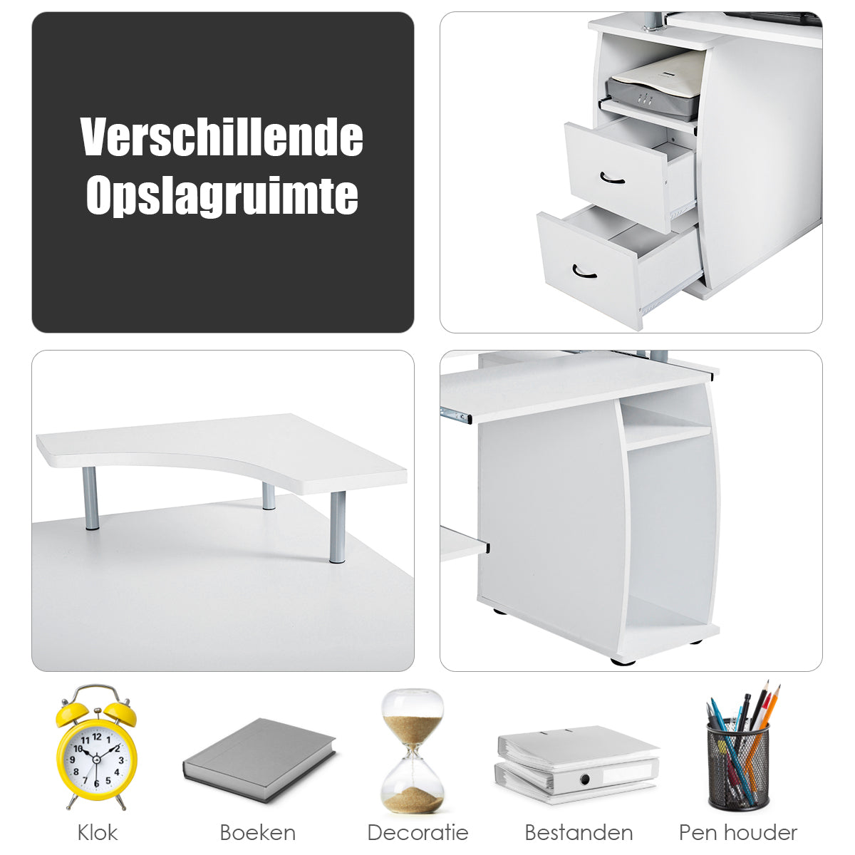 LIVSK Computertafel met Toetsenbordlade en Printerplank - Hoogwaardig MDF - 2 Lades - Stabiel - 120 x 55 x 85 cm - Wit