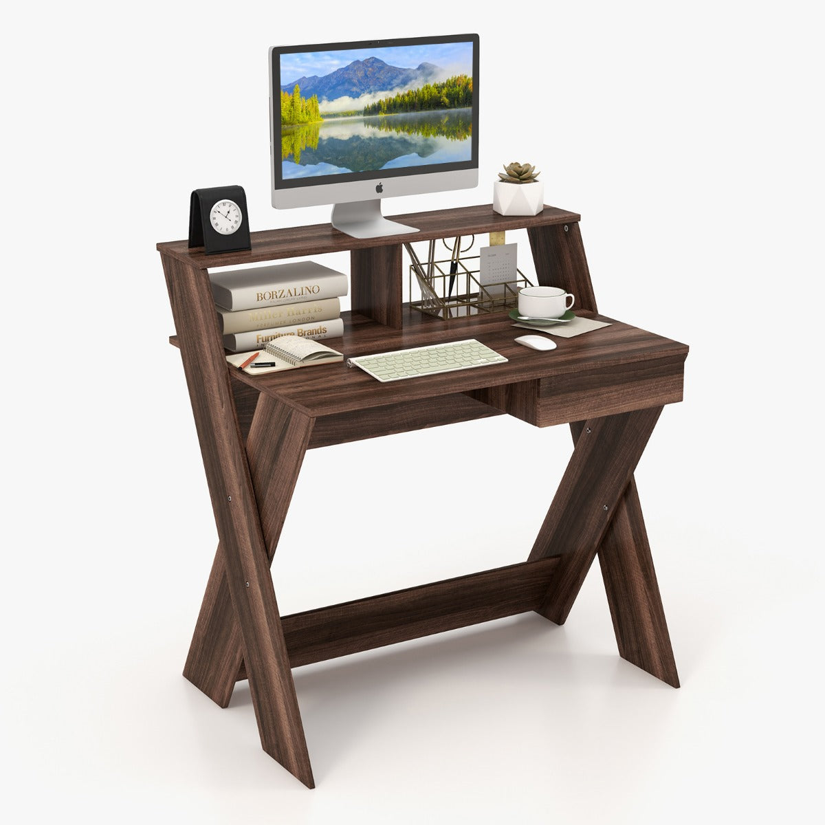 LIVSK Bureau met Monitorverhoging - Ergonomisch Design - Uittrekbare Lade - Ruim Werkblad - Voor Thuis en Kantoor - Walnoot