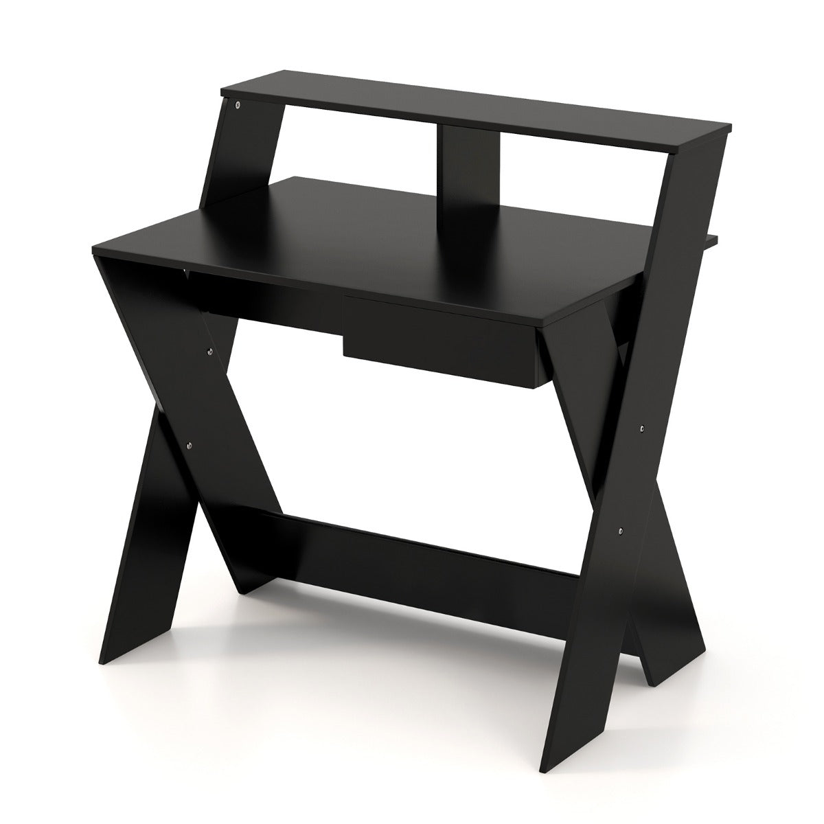 LIVSK Bureau met Monitorverhoging en Uittrekbare Lade - Ergonomisch - Stabiele X-vormige Poten - 90 x 61 x 94 cm - Zwart