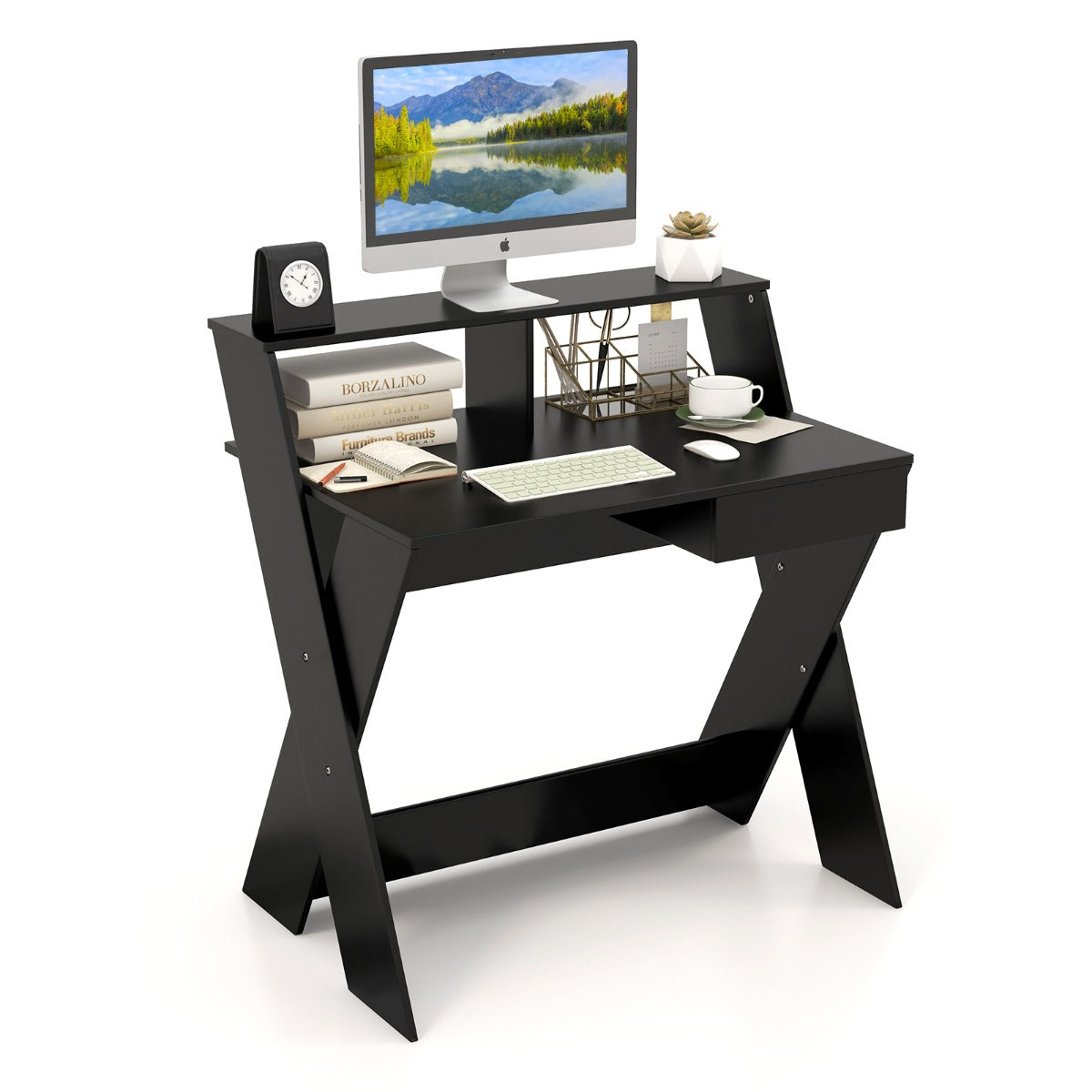 LIVSK Bureau met Monitorverhoging en Uittrekbare Lade - Ergonomisch - Stabiele X-vormige Poten - 90 x 61 x 94 cm - Zwart