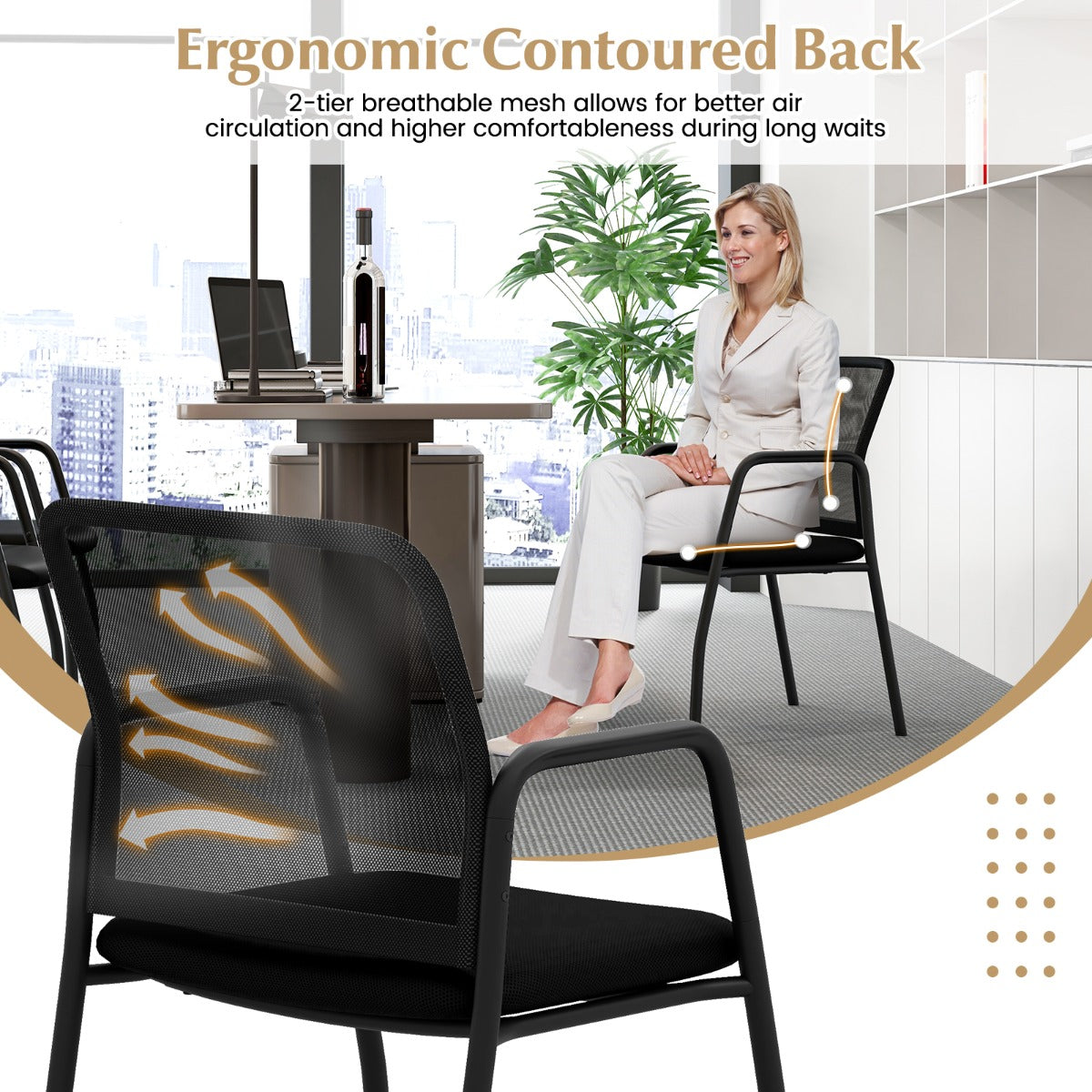 LIVSK Wachtkamerstoelen Set van 2 - Ergonomisch Design met Mesh Rugleuning - Gevoerde Zitting - Tot 150 kg - Zwart