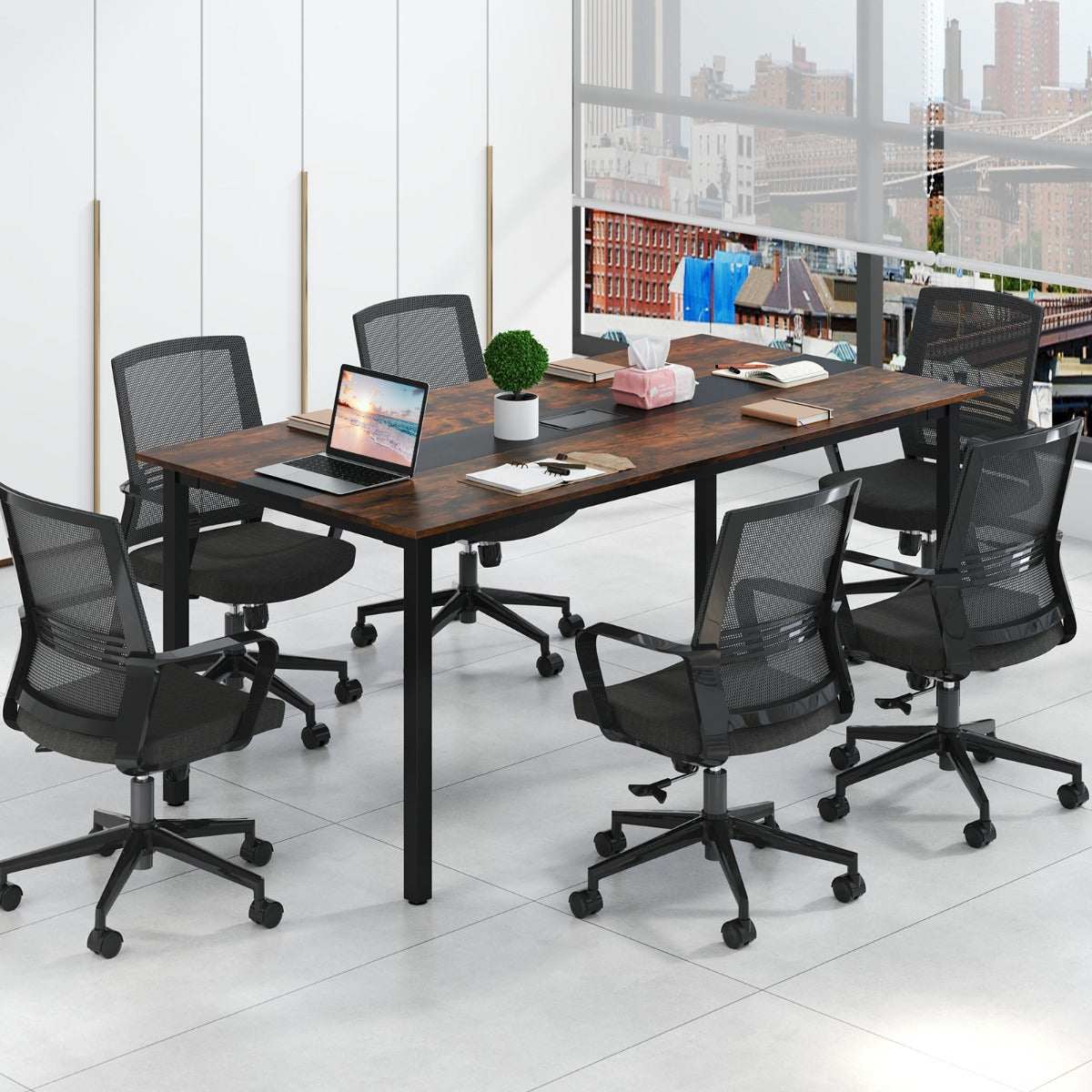 Livsk costway conferentietafel vergadertafel 180 x 90 cm rechthoekige seminarwerktafel met kabelmanagement voor kantoor vergaderruimte 6