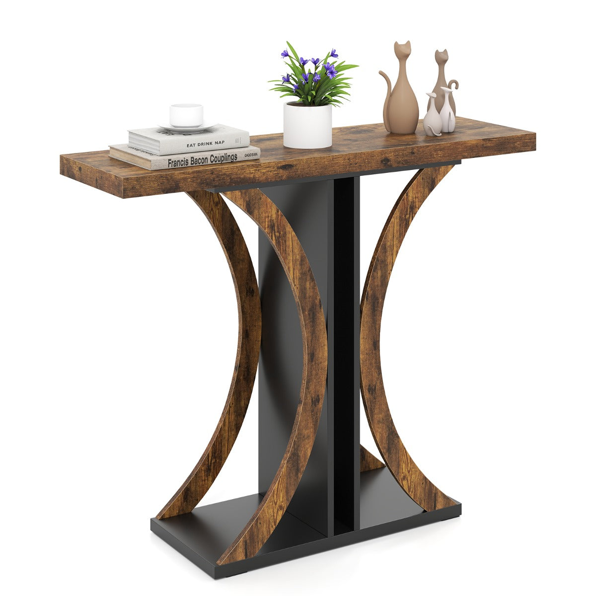 Livsk costway console 100 cm rechthoekige haltafel met geometrisch onderstel industriele salontafel achter de bank haltafel bruin