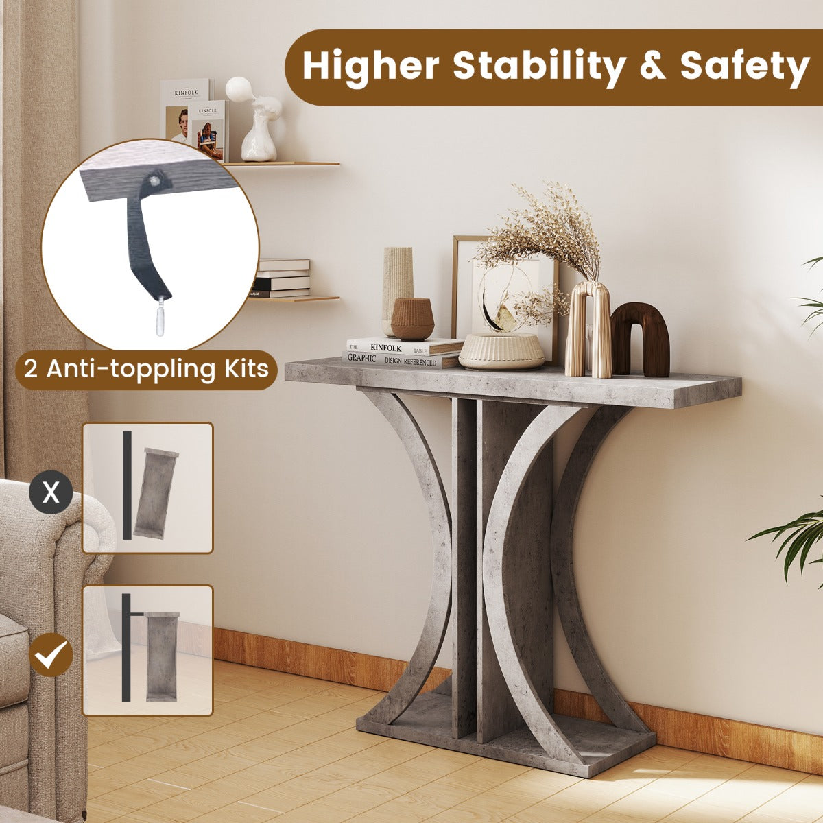 Livsk costway console 100 cm rechthoekige haltafel met geometrisch onderstel industriele salontafel achter de bank haltafel grijs