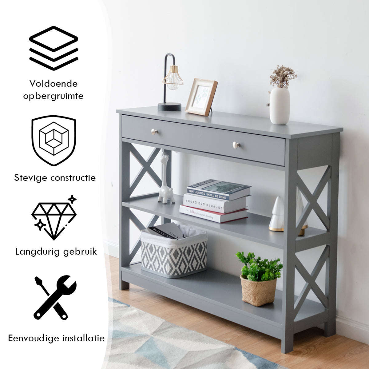 LIVSK Consoletafel met 3 Niveaus - Ruime Opbergruimte - Stevig MDF - Draagvermogen tot 95 kg - 100 x 30 x 80 cm - Grijs