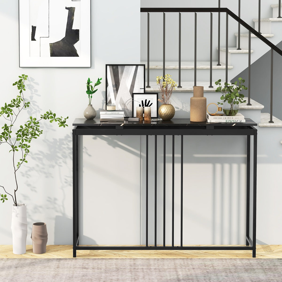 Livsk costway console tafel kunstmarmer bank tafel moderne entree tafel vrijstaande dunne entree tafel smalle bijzettafel zwart 120x30x90cm 6