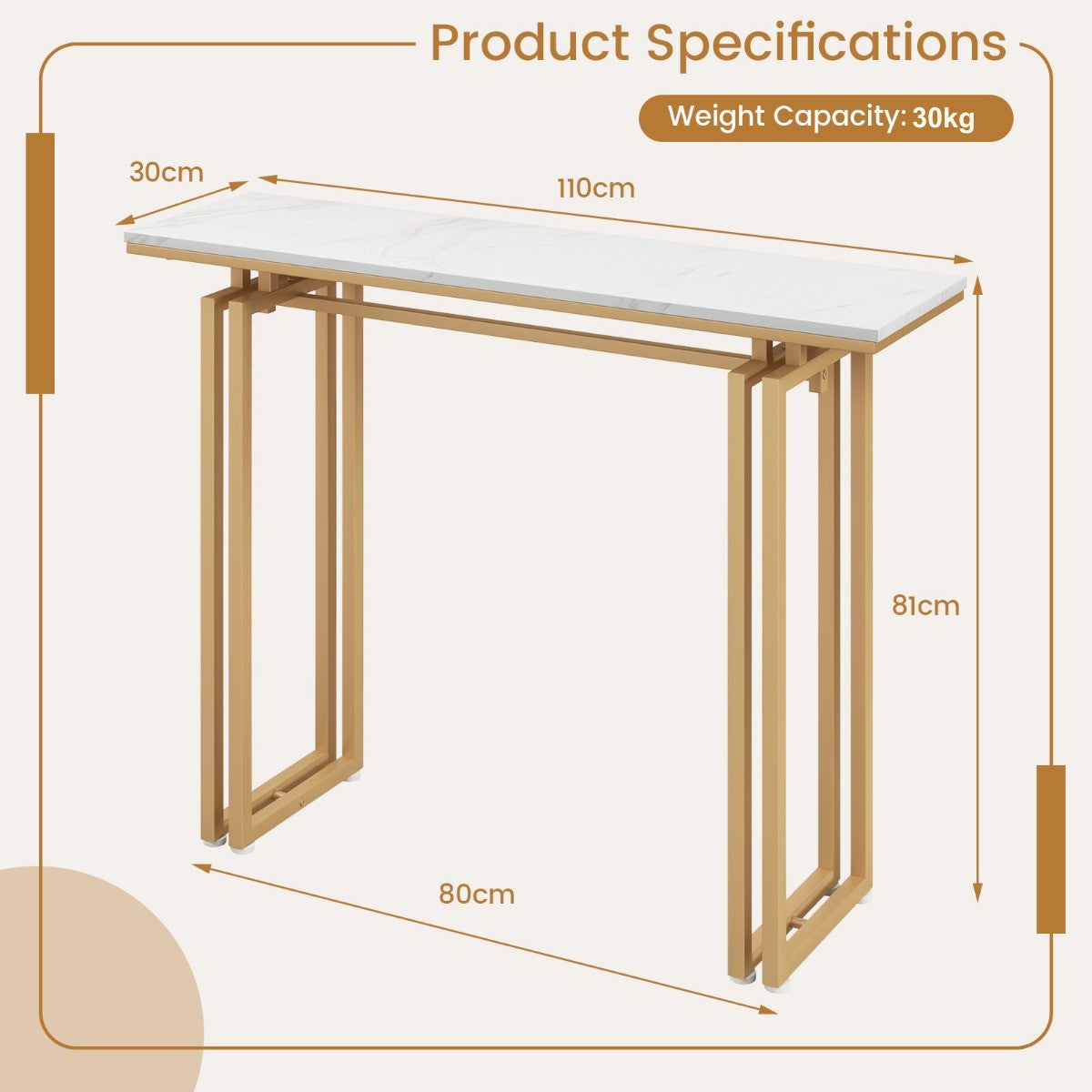 LIVSK Bijzettafel met Kunstmarmeren Blad - Gouden Metalen Poten - Ruim Tafelblad 110 x 30 x 81 cm - Duurzaam en Elegant - Goud +