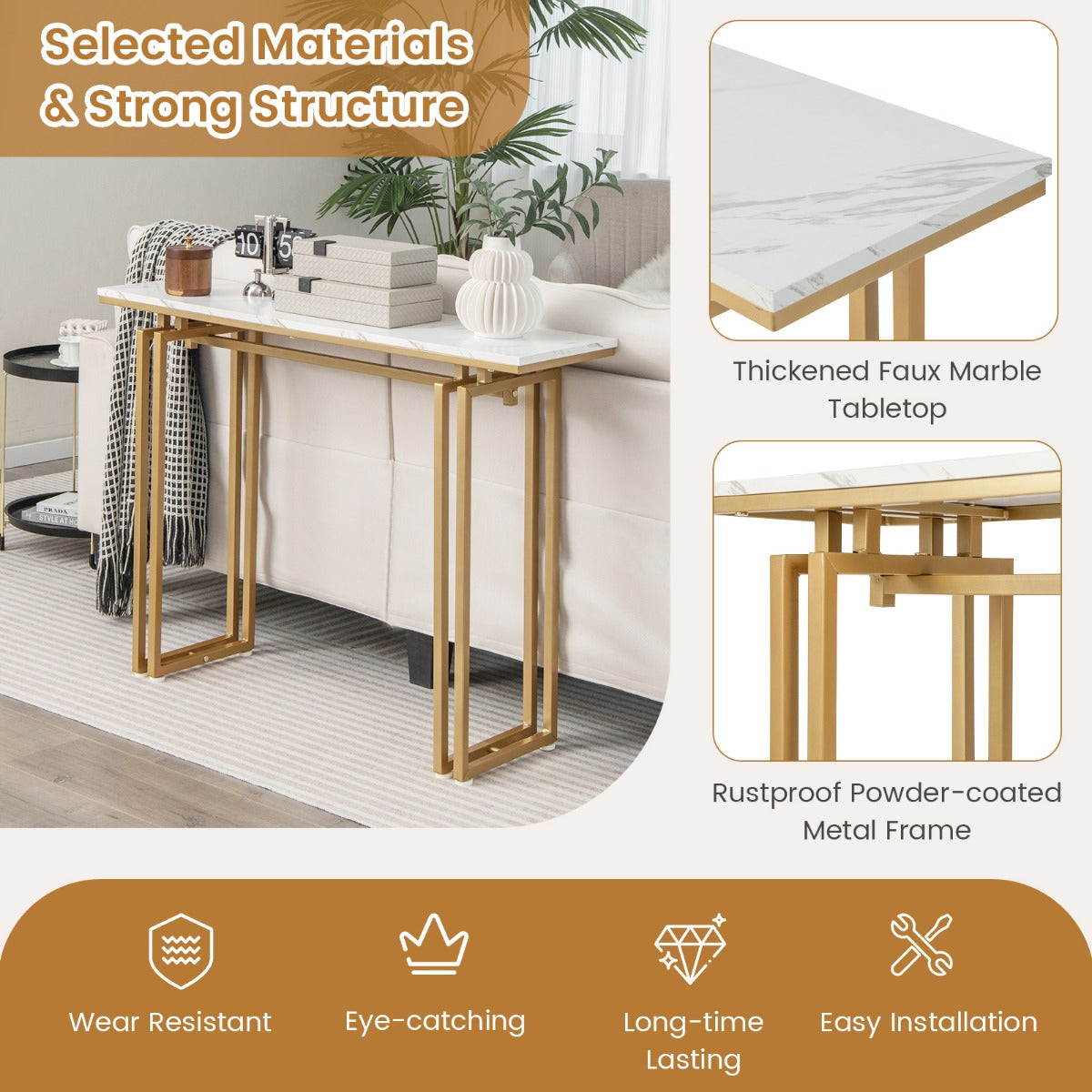 LIVSK Bijzettafel met Kunstmarmeren Blad - Gouden Metalen Poten - Ruim Tafelblad 110 x 30 x 81 cm - Duurzaam en Elegant - Goud +
