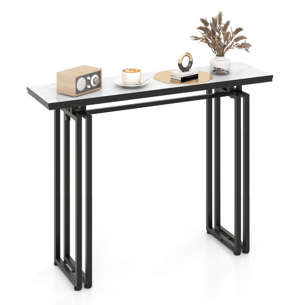 LIVSK Bijzettafel Kunstmarmer - Ruim Tafelblad 110 cm - Gouden Metalen Poten - Kantelbeveiliging - Wit + Zwart
