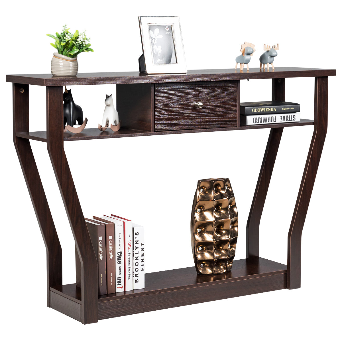 LIVSK Consoletafel - Hoogwaardig MDF - Veel Opbergruimte met Planken en Lade - Veilig en Stabiel - 120 x 30 x 81 cm - Bruin