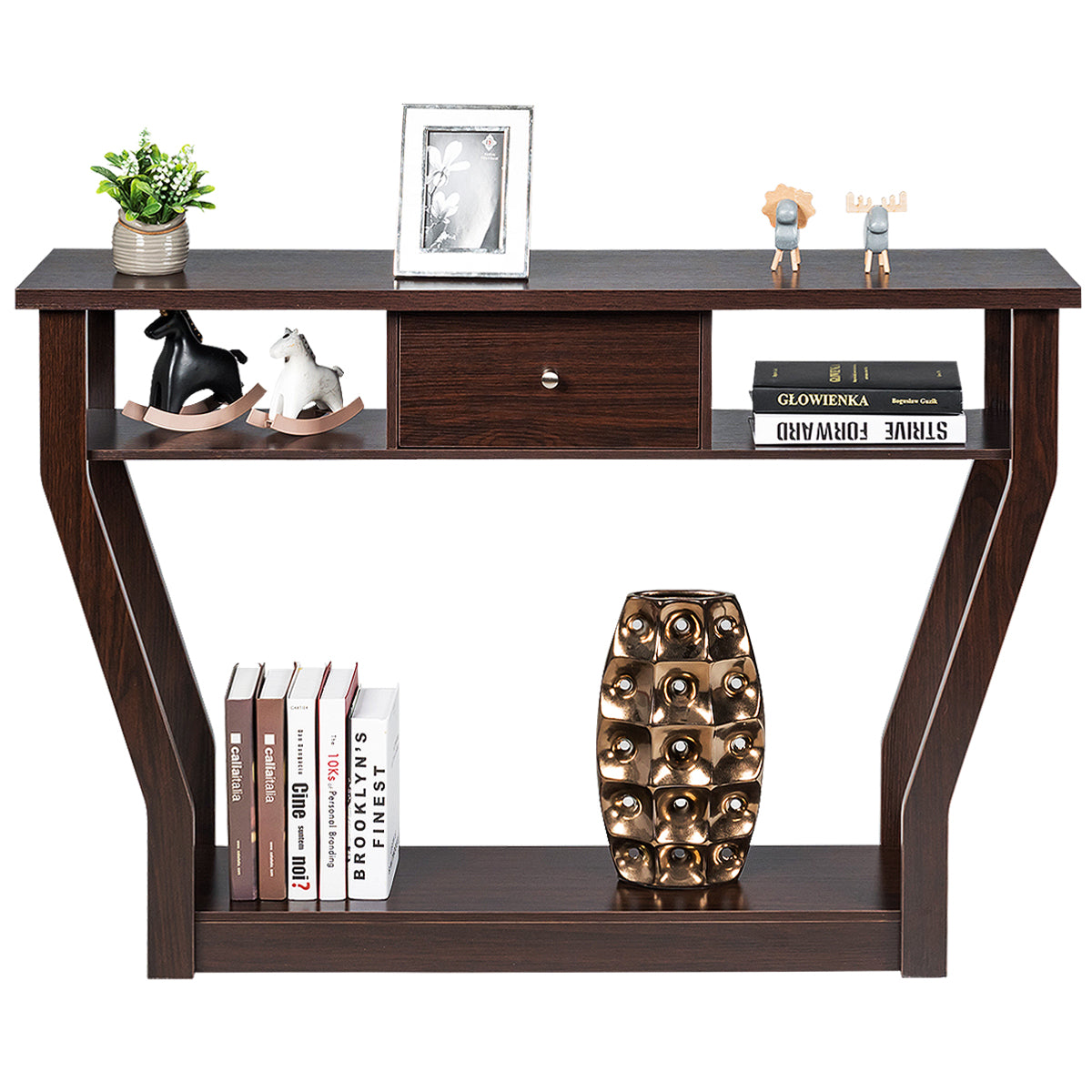 LIVSK Consoletafel - Hoogwaardig MDF - Veel Opbergruimte met Planken en Lade - Veilig en Stabiel - 120 x 30 x 81 cm - Bruin