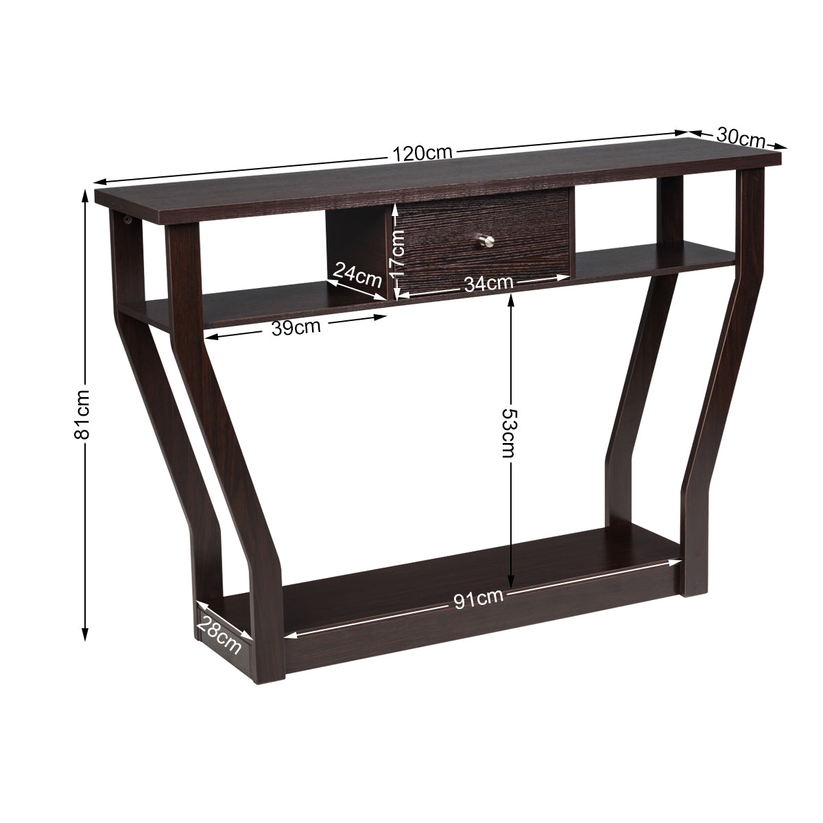 LIVSK Consoletafel - Hoogwaardig MDF - Veel Opbergruimte met Planken en Lade - Veilig en Stabiel - 120 x 30 x 81 cm - Bruin
