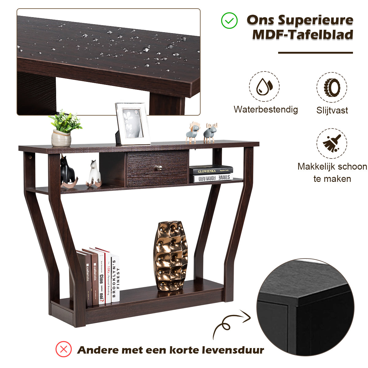 LIVSK Consoletafel - Hoogwaardig MDF - Veel Opbergruimte met Planken en Lade - Veilig en Stabiel - 120 x 30 x 81 cm - Bruin