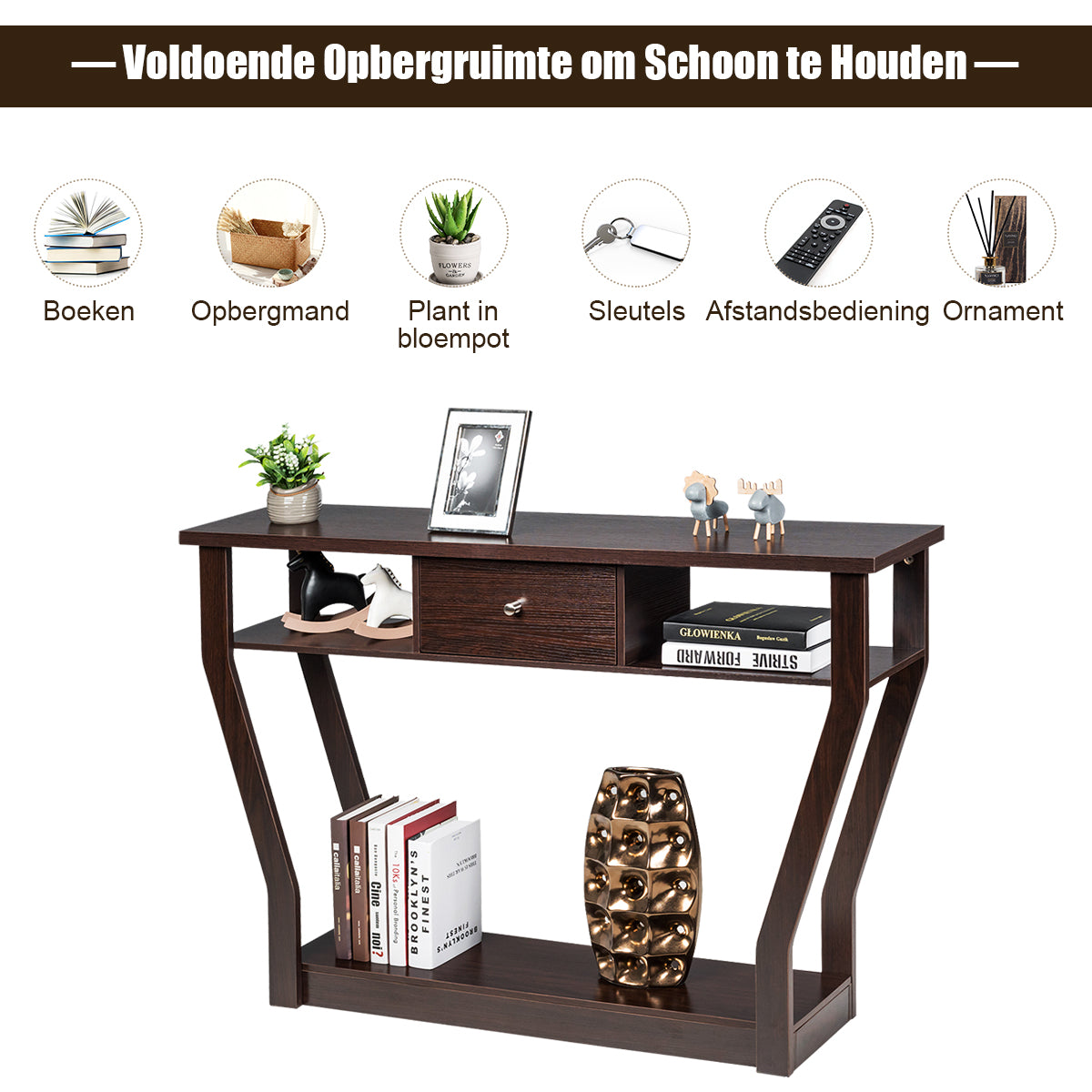 LIVSK Consoletafel - Hoogwaardig MDF - Veel Opbergruimte met Planken en Lade - Veilig en Stabiel - 120 x 30 x 81 cm - Bruin