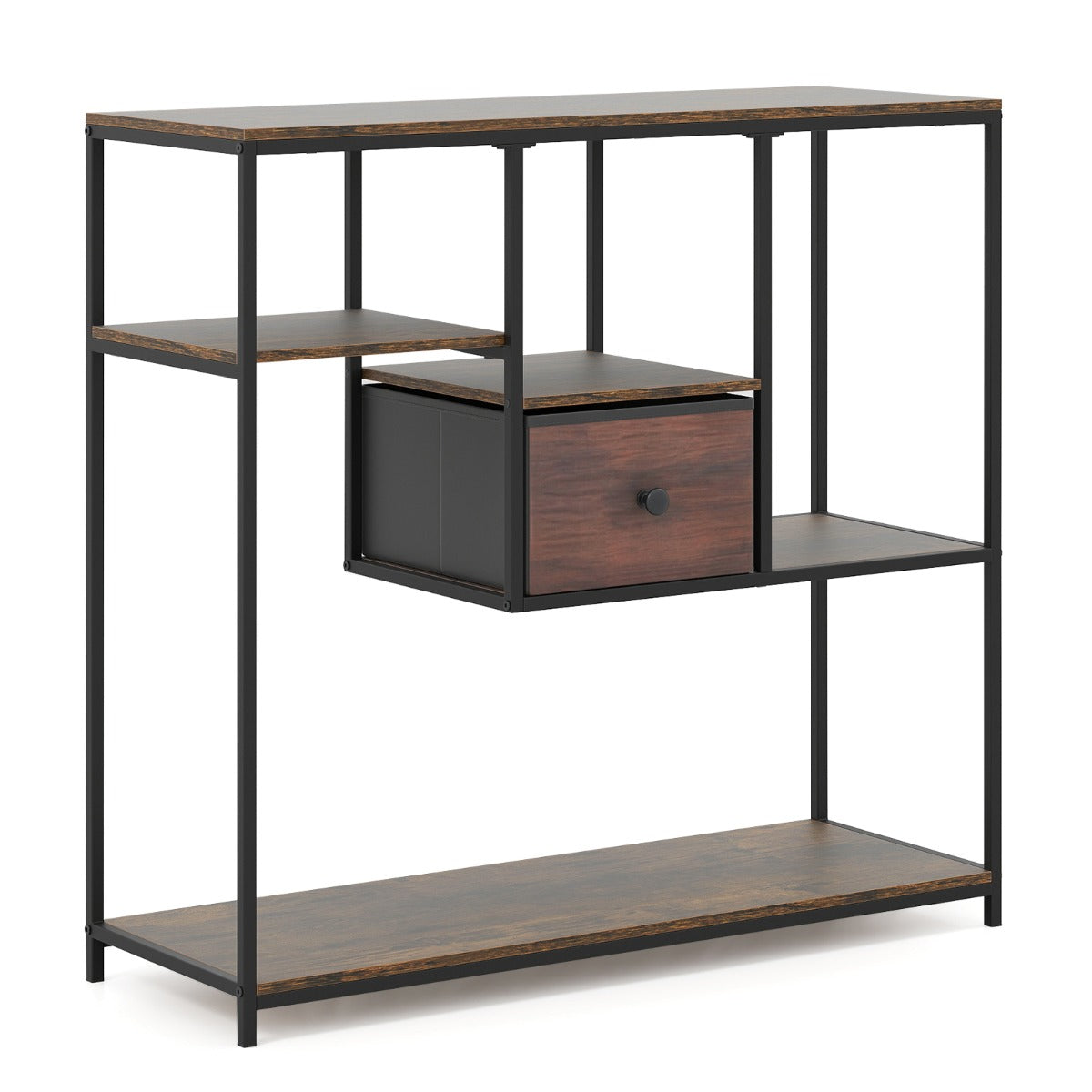 Livsk costway console tafel met opbergruimte tafel achter bank met lade en plank met 4 niveaus bruin