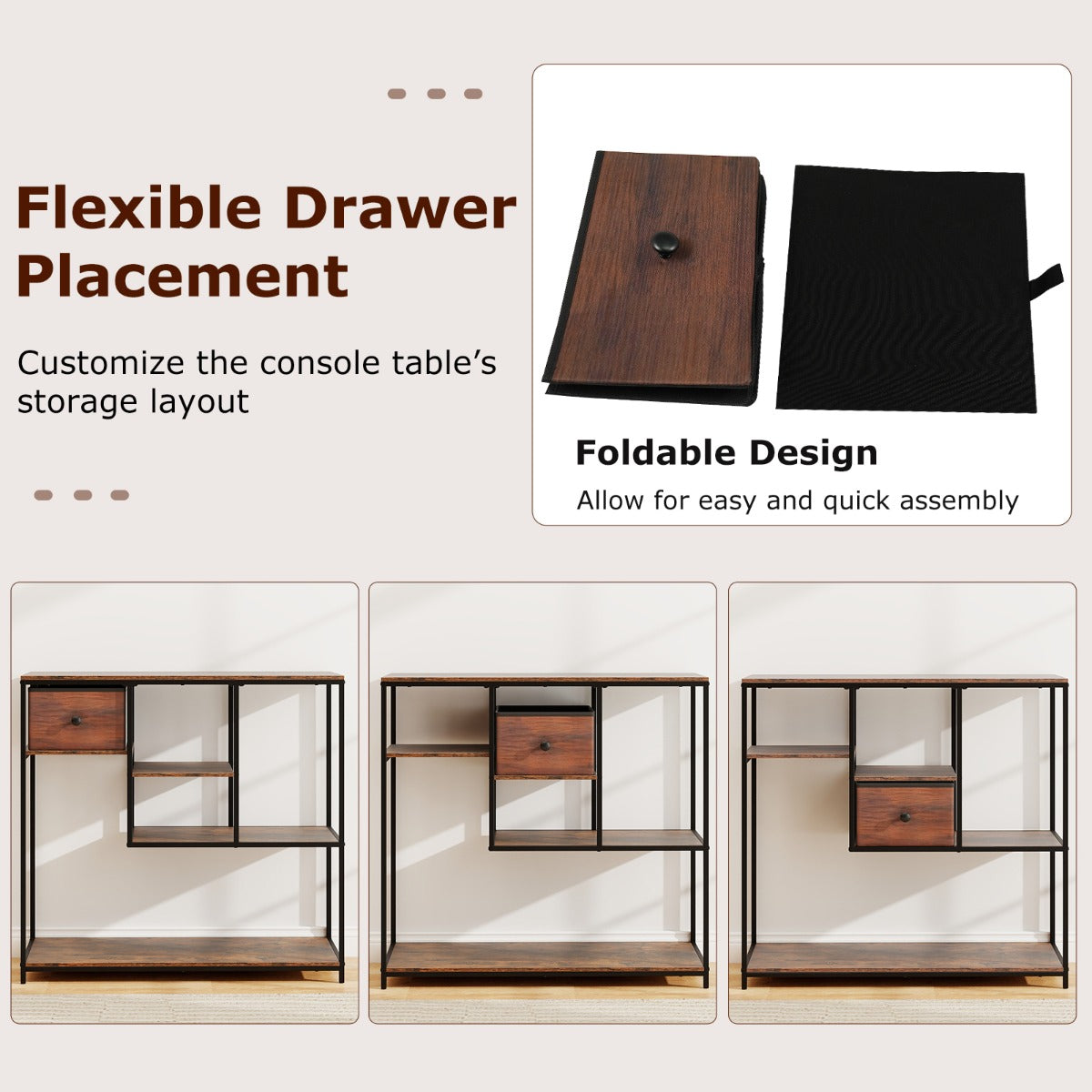 Livsk costway console tafel met opbergruimte tafel achter bank met lade en plank met 4 niveaus bruin 2