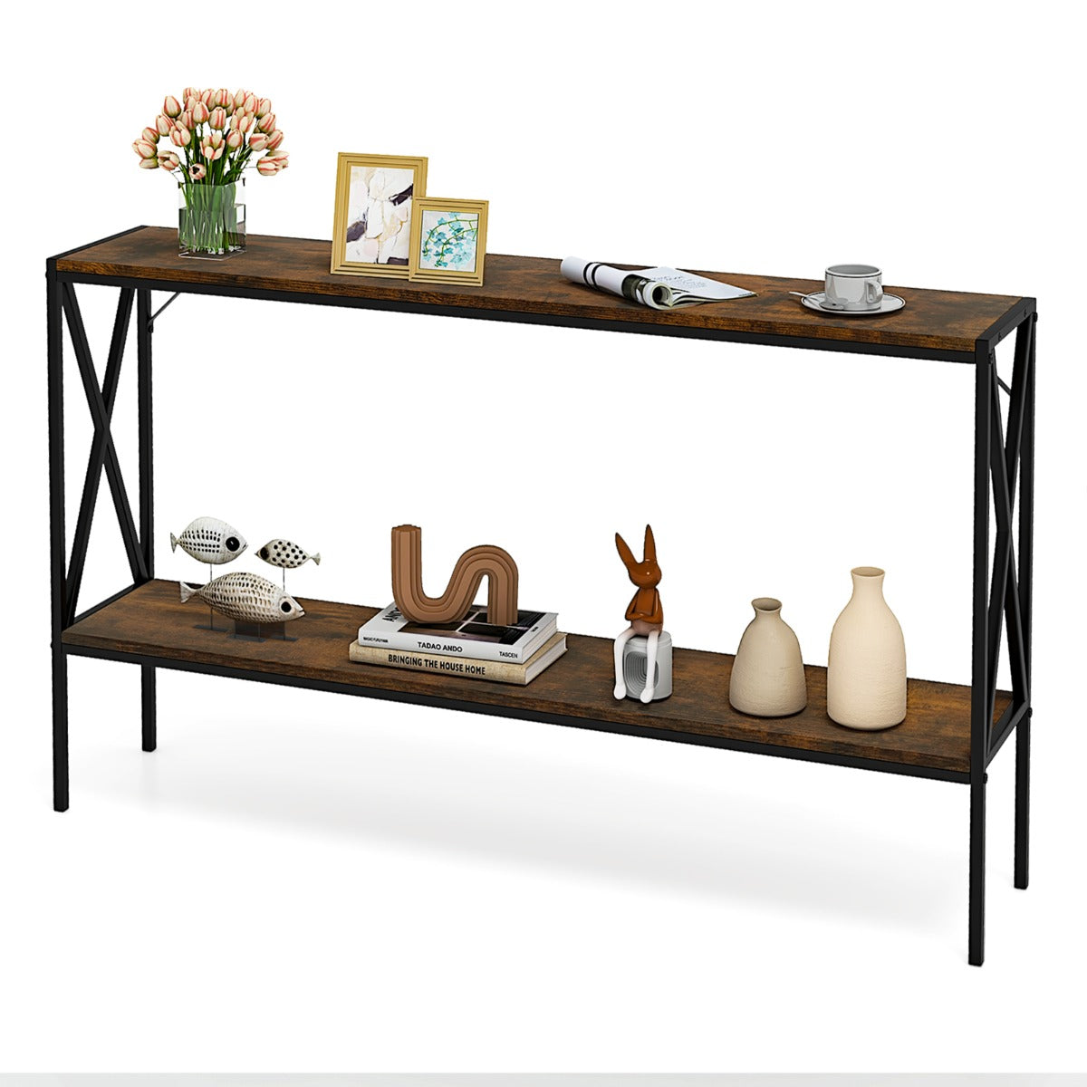 LIVSK Entreetafel - Smalle 2-traps Tafel met Metalen Frame - Robuuste Constructie - 120 x 23 x 74 cm - Rustiek Bruin + Zwart