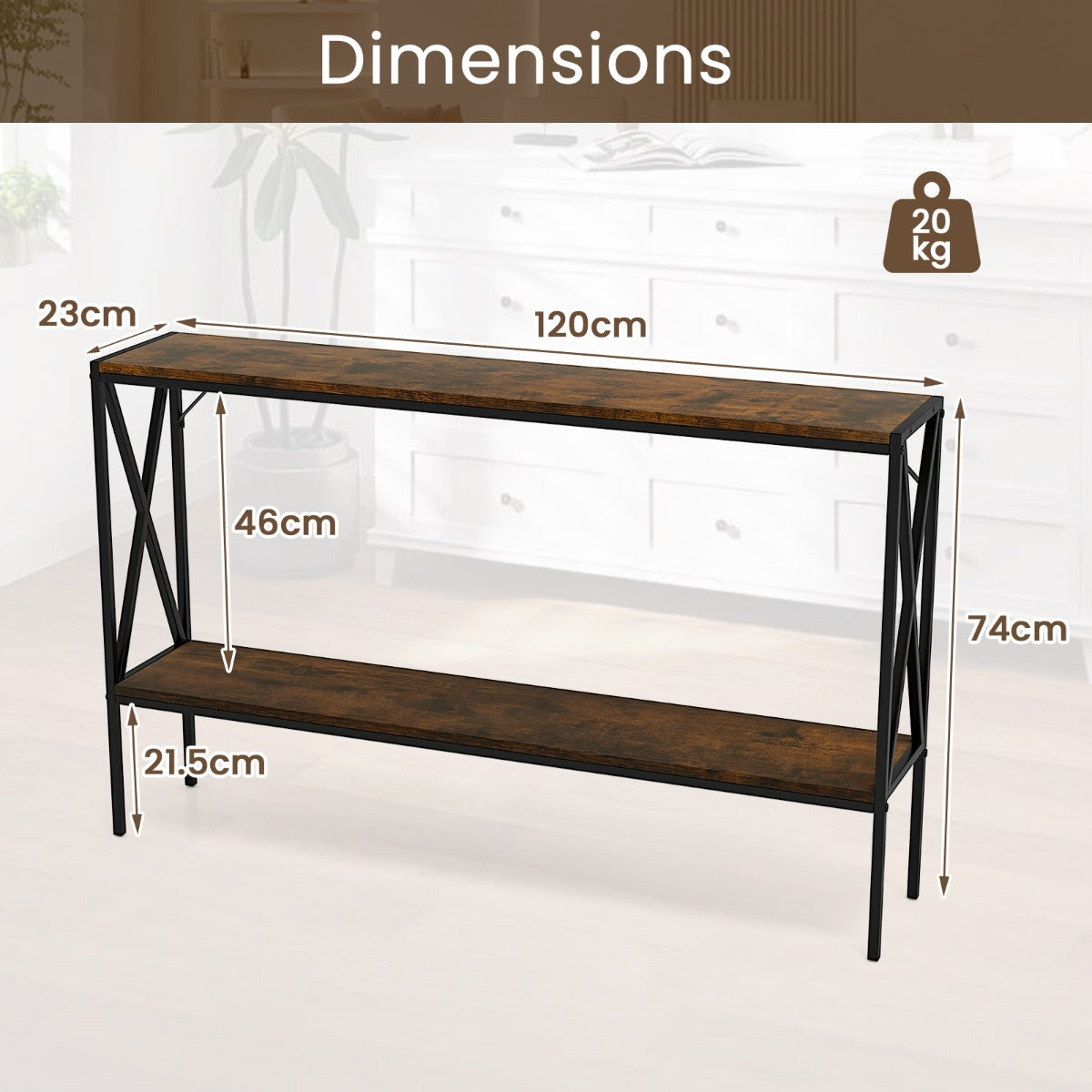 LIVSK Entreetafel - Smalle 2-traps Tafel met Metalen Frame - Robuuste Constructie - 120 x 23 x 74 cm - Rustiek Bruin + Zwart