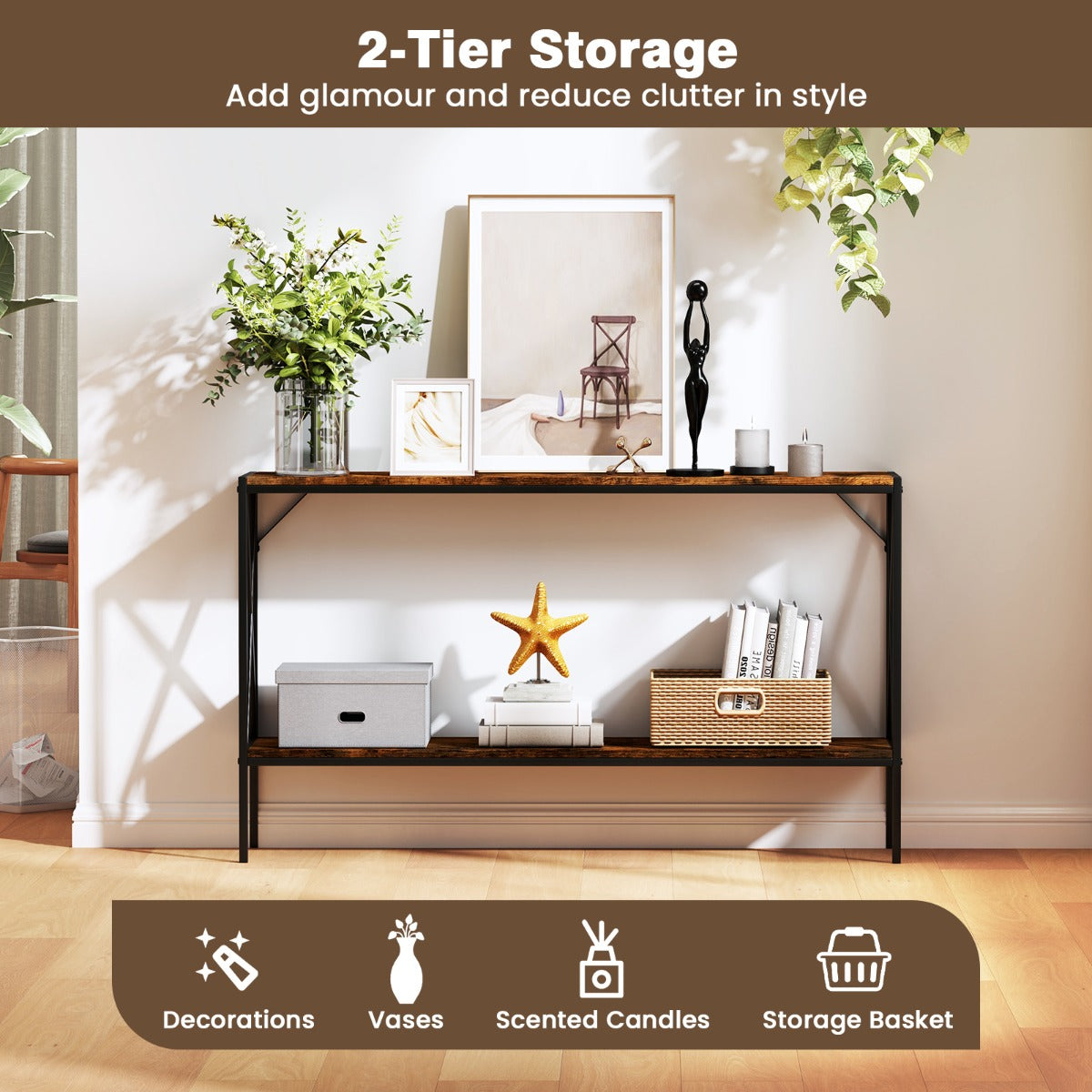 LIVSK Entreetafel - Smalle 2-traps Tafel met Metalen Frame - Robuuste Constructie - 120 x 23 x 74 cm - Rustiek Bruin + Zwart