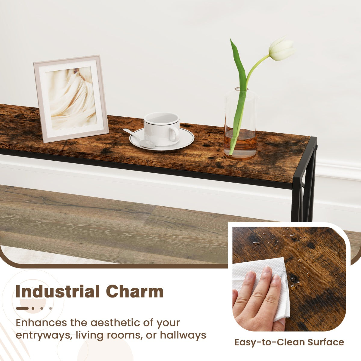 LIVSK Entreetafel - Smalle 2-traps Tafel met Metalen Frame - Robuuste Constructie - 120 x 23 x 74 cm - Rustiek Bruin + Zwart
