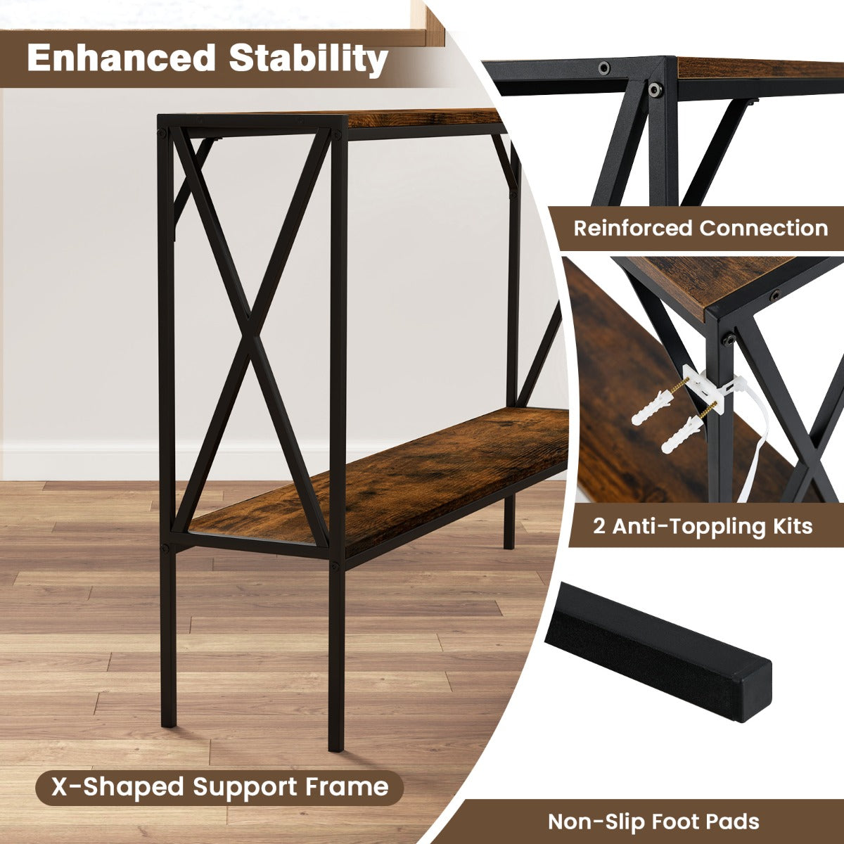 LIVSK Entreetafel - Smalle 2-traps Tafel met Metalen Frame - Robuuste Constructie - 120 x 23 x 74 cm - Rustiek Bruin + Zwart