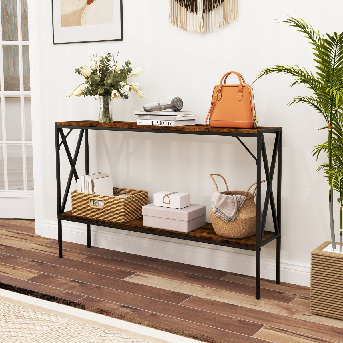 LIVSK Entreetafel - Smalle 2-traps Tafel met Metalen Frame - Robuuste Constructie - 120 x 23 x 74 cm - Rustiek Bruin + Zwart