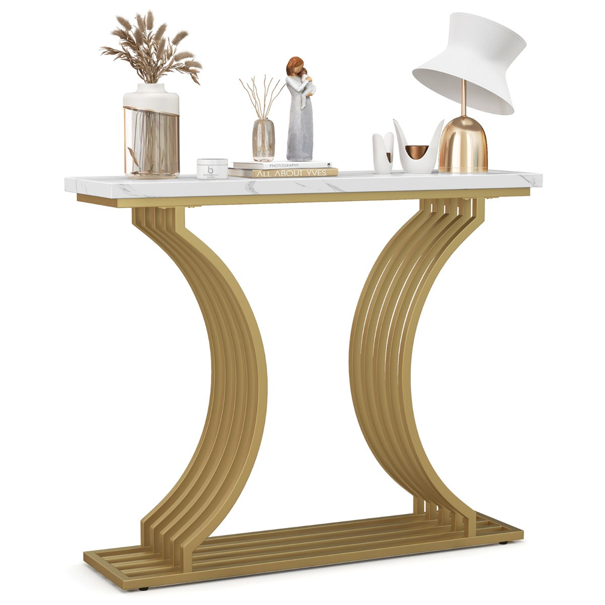 LIVSK Consoletafel - Wit Kunstmarmeren Blad - Gouden Metalen Poten - Waterdicht - 100 x 29,5 x 80,5 cm - Wit + Goud